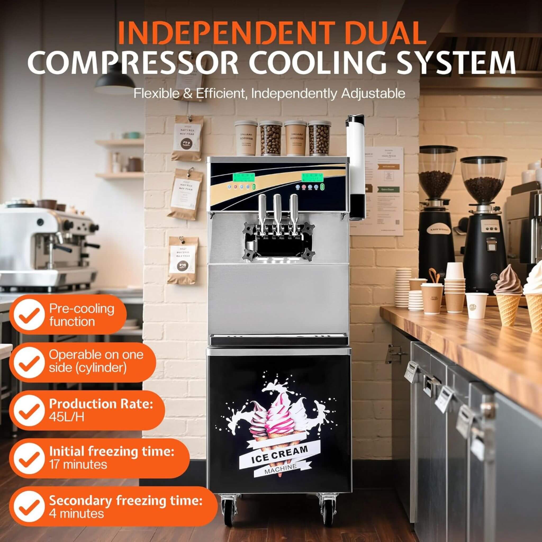 Heavy-Duty 45L/H 3-Flavor Dual Compressor Commercial Soft Serve Ice Cream Machine