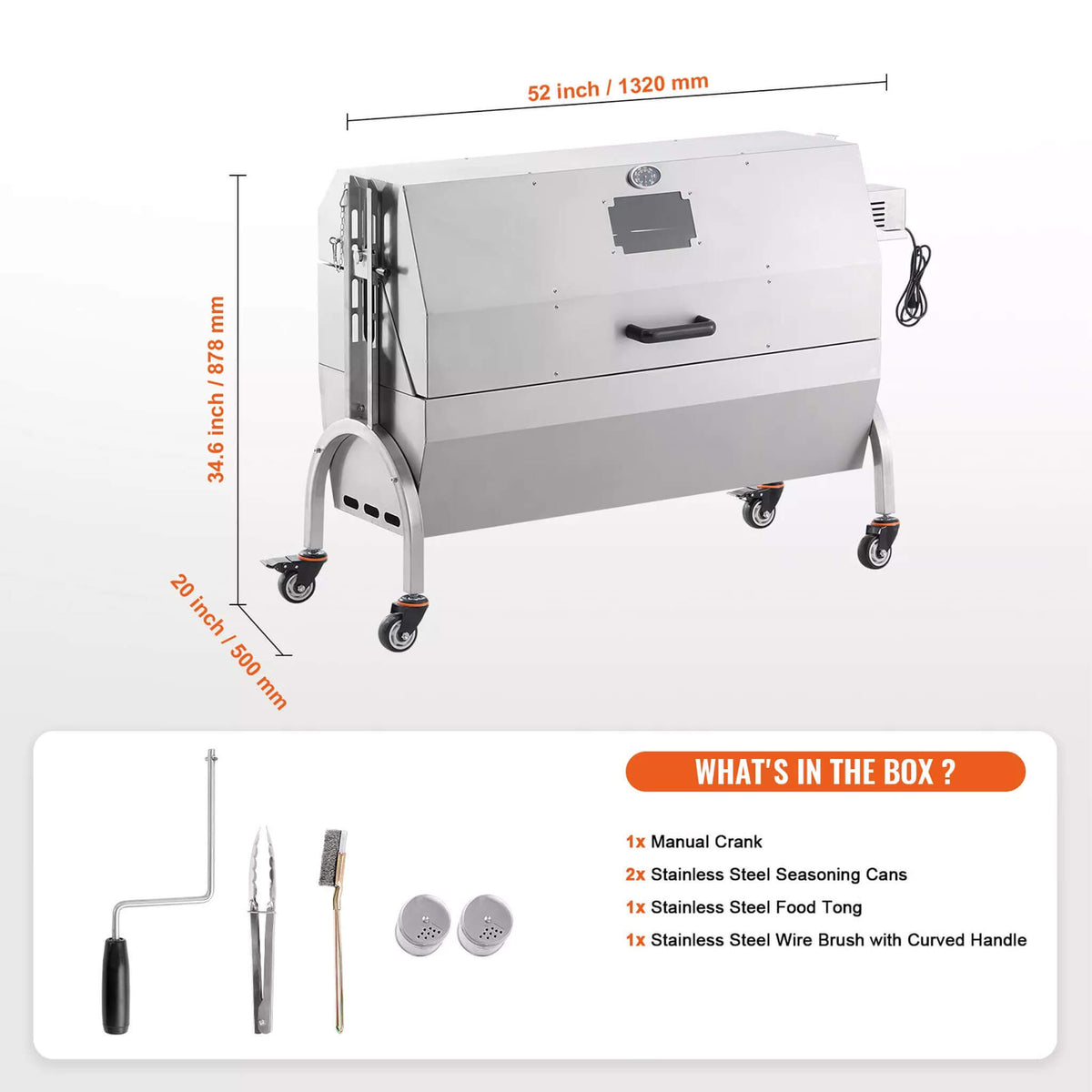 Heavy-Duty 52W Spit Roaster Rotisserie BBQ Grill For Pig, Lamb And Chicken