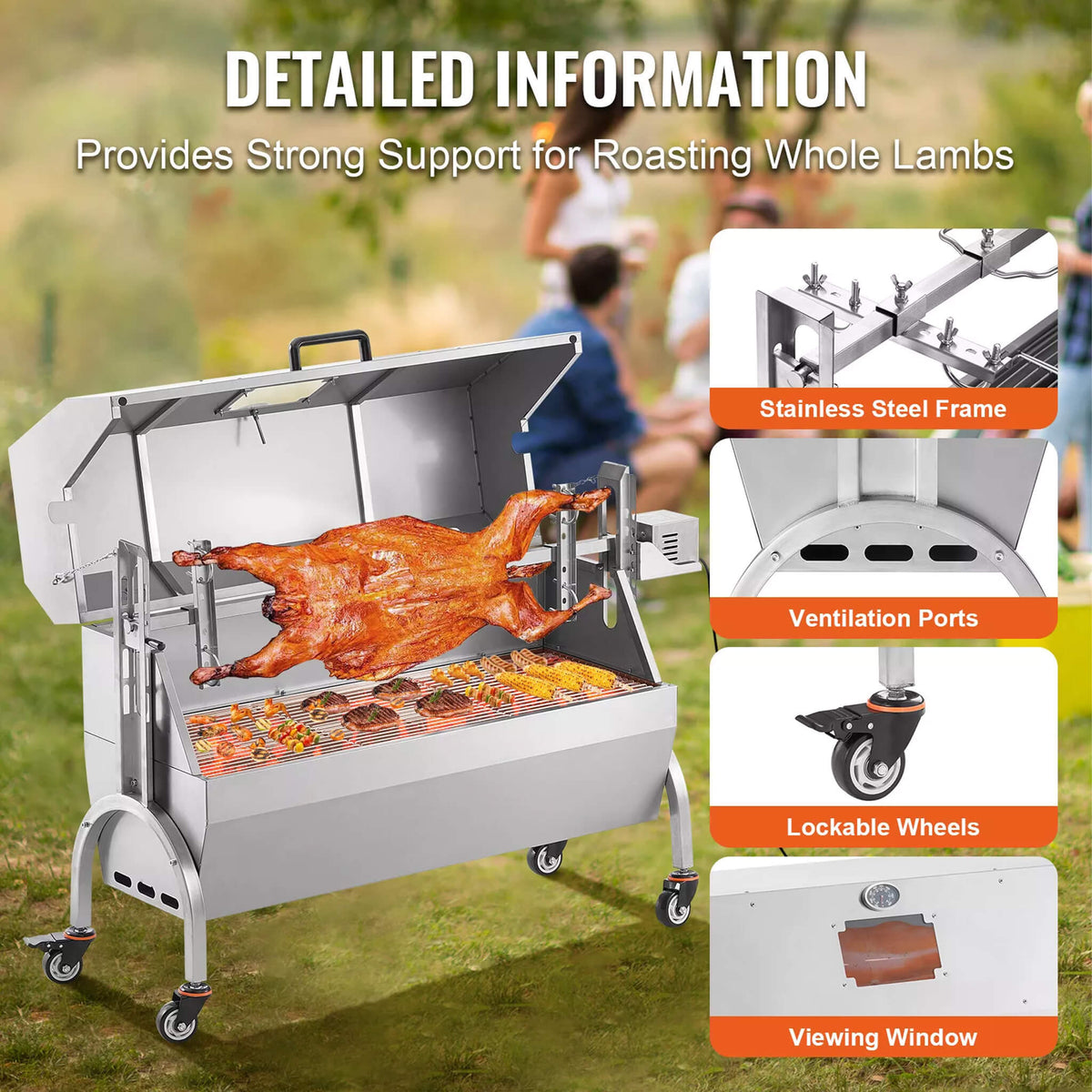Heavy-Duty 52W Spit Roaster Rotisserie BBQ Grill For Pig, Lamb And Chicken