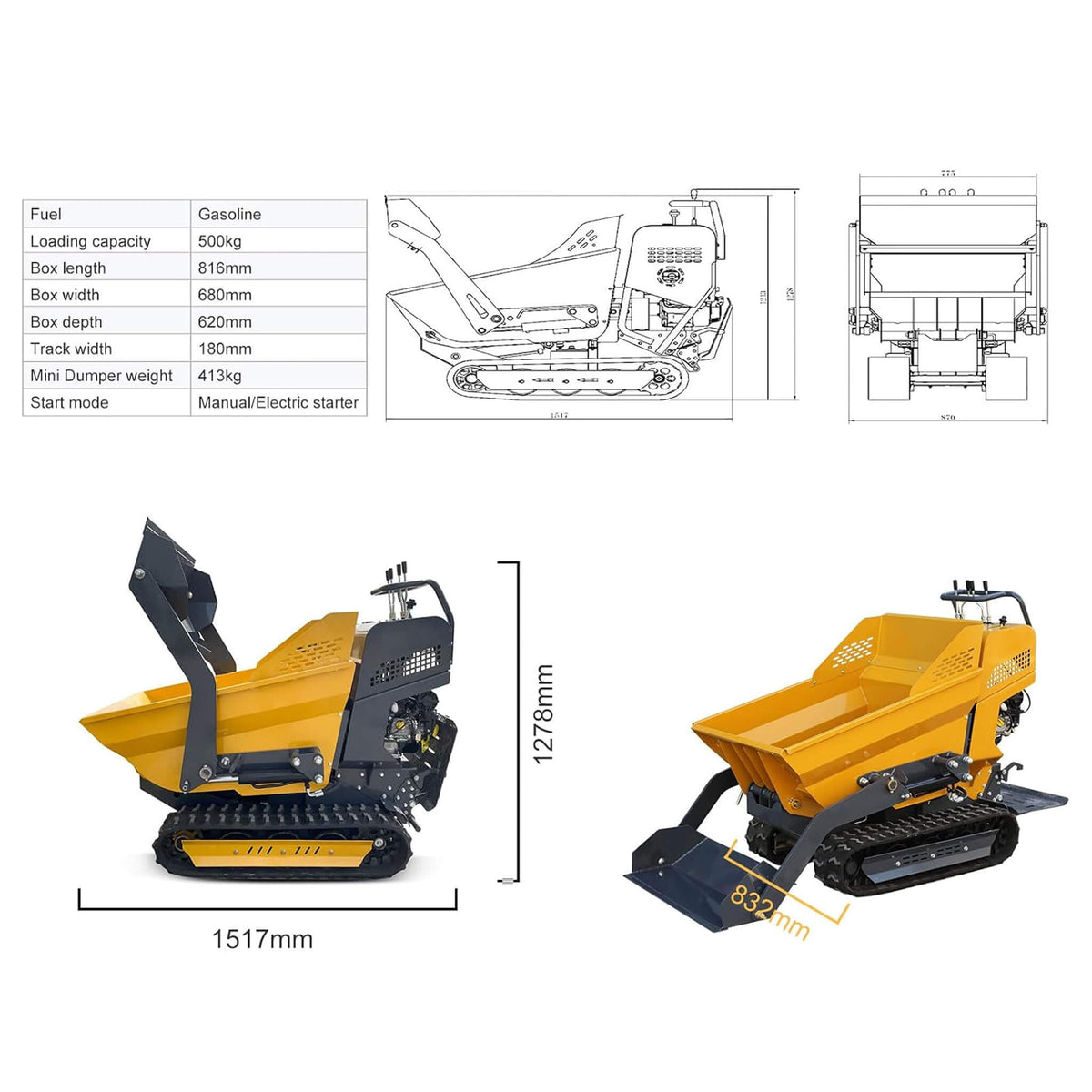 Heavy-Duty 6.5HP 1100LBS Tracked Hydraulic Dumper With Shovel