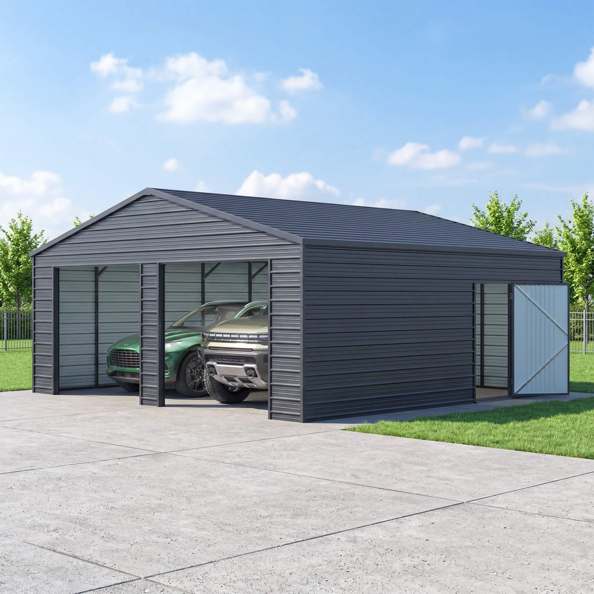 Heavy-Duty Double Garage Galvanized Steel Shed With Side Door