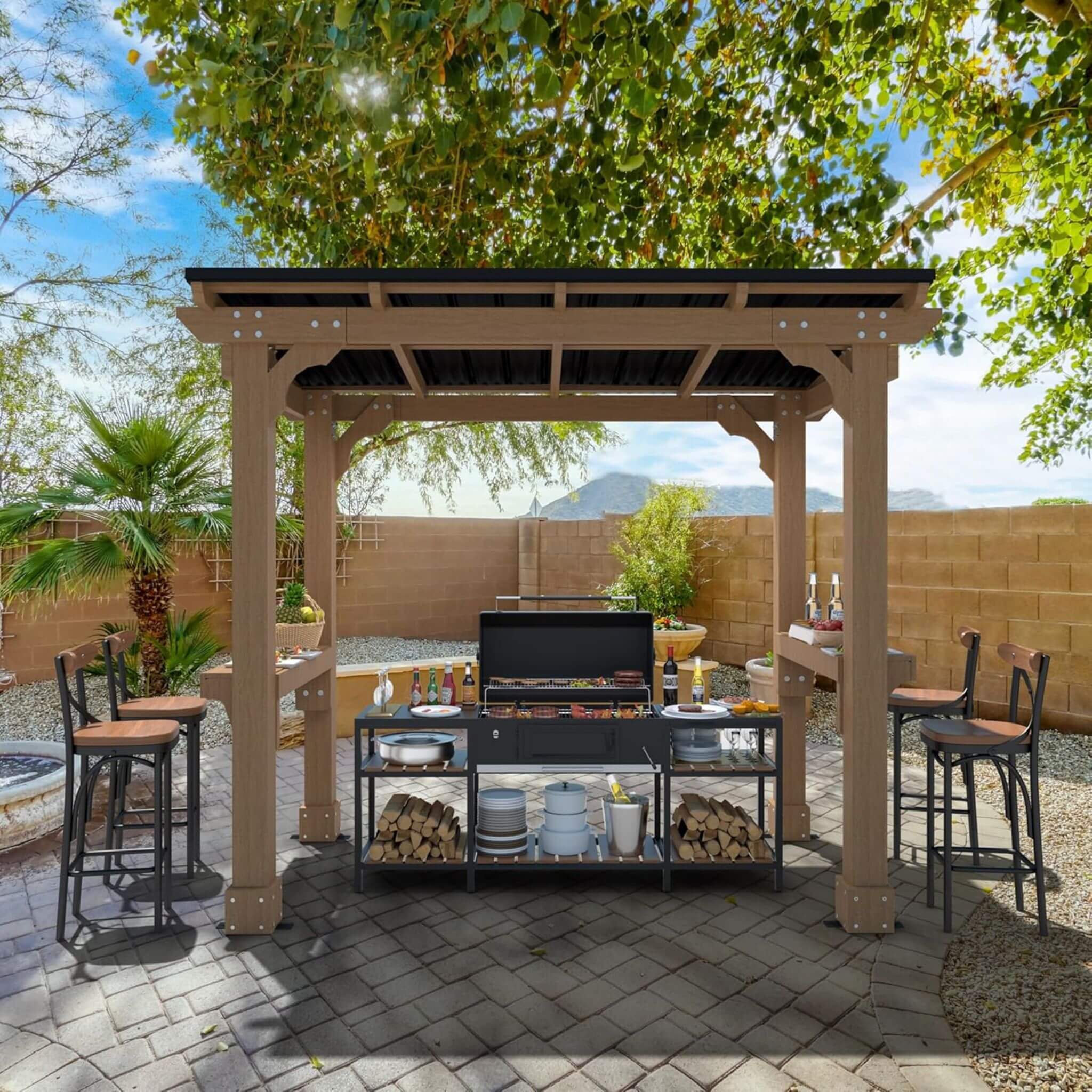 Alora Heavy-Duty Premium Wooden Grill Gazebo With Sloped Metal Roof (SAK61583)