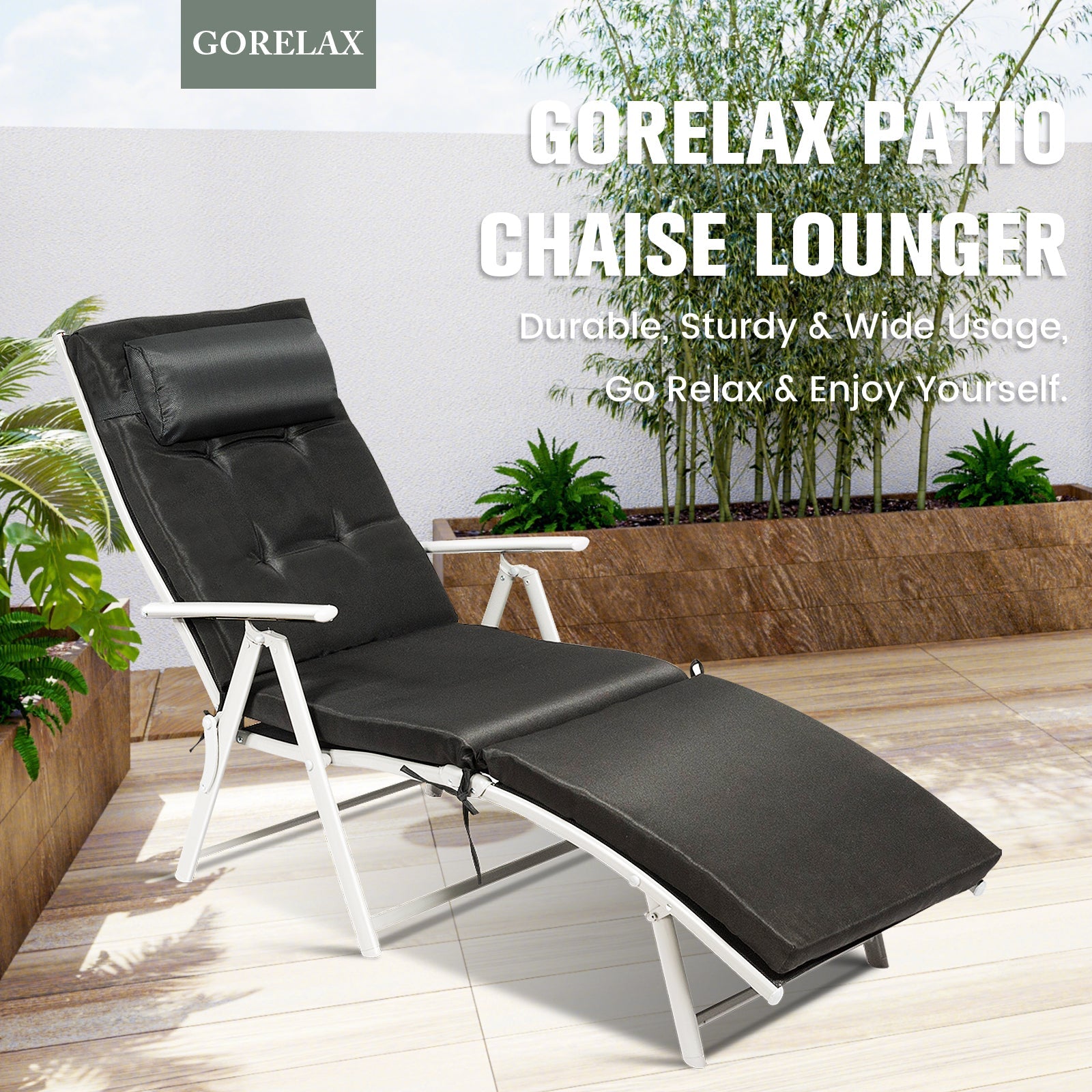 Adjustable Outdoor Lightweight Folding Chaise Lounge Chair with Pillow-Black