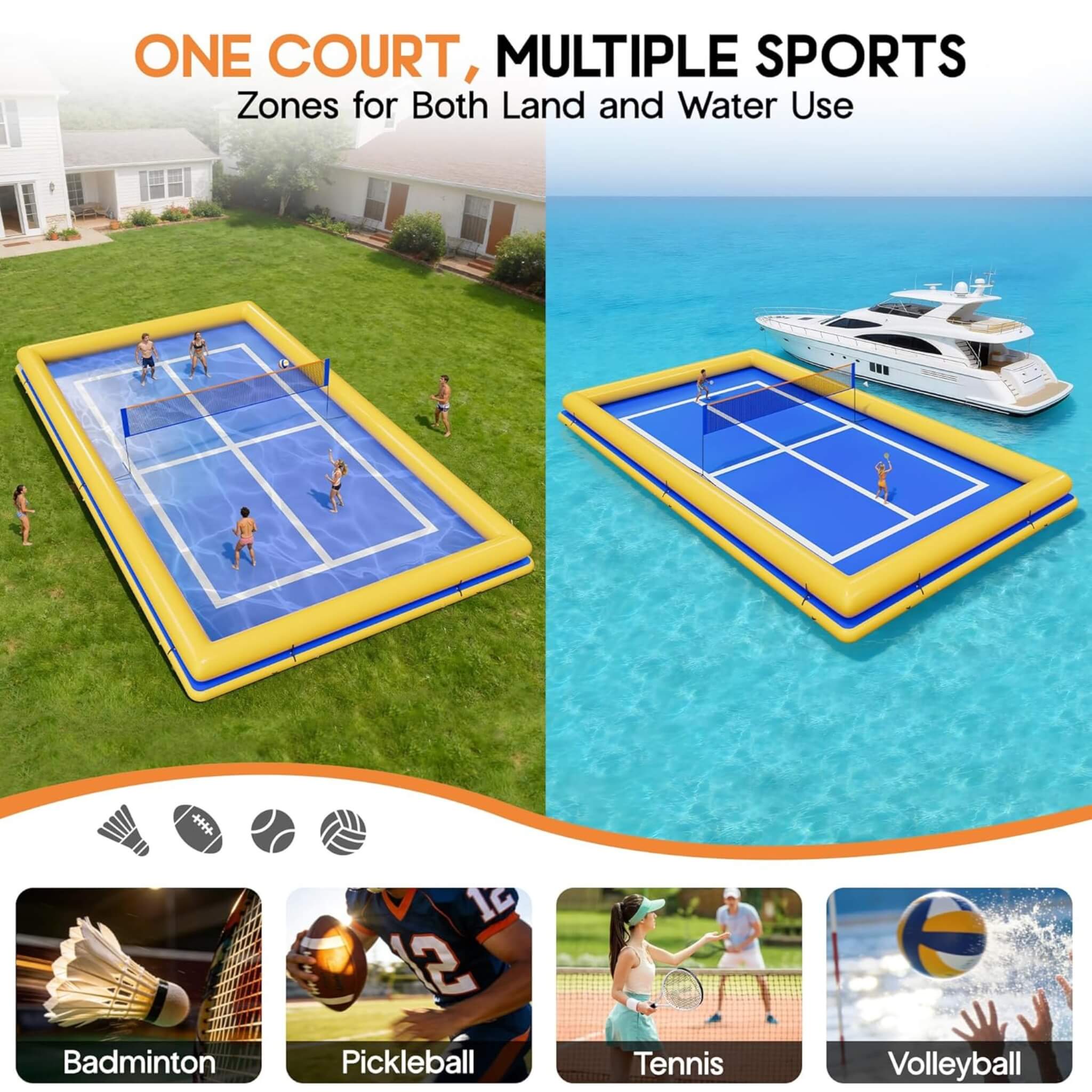Inflatable Commercial Floating Pickleball And Volleyball Court With Net [26X46FT]