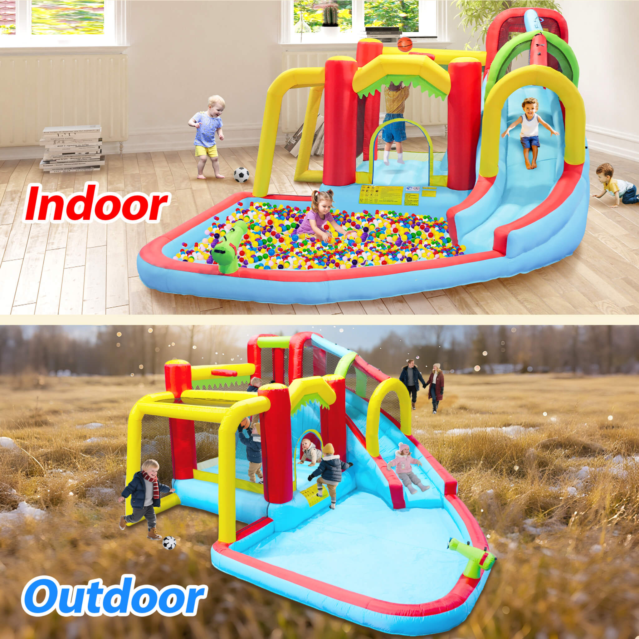 Large 7-In-1 Inflatable Water Slide Bouncer Pool With Climbing Wall