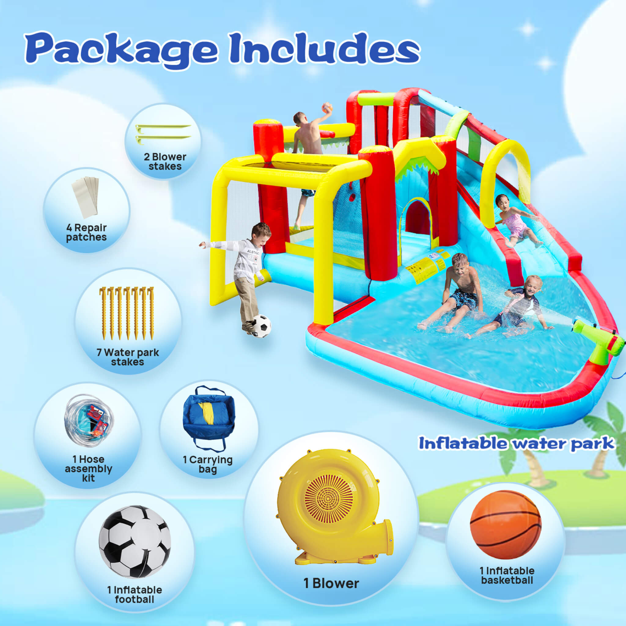 Large 7-In-1 Inflatable Water Slide Bouncer Pool With Climbing Wall