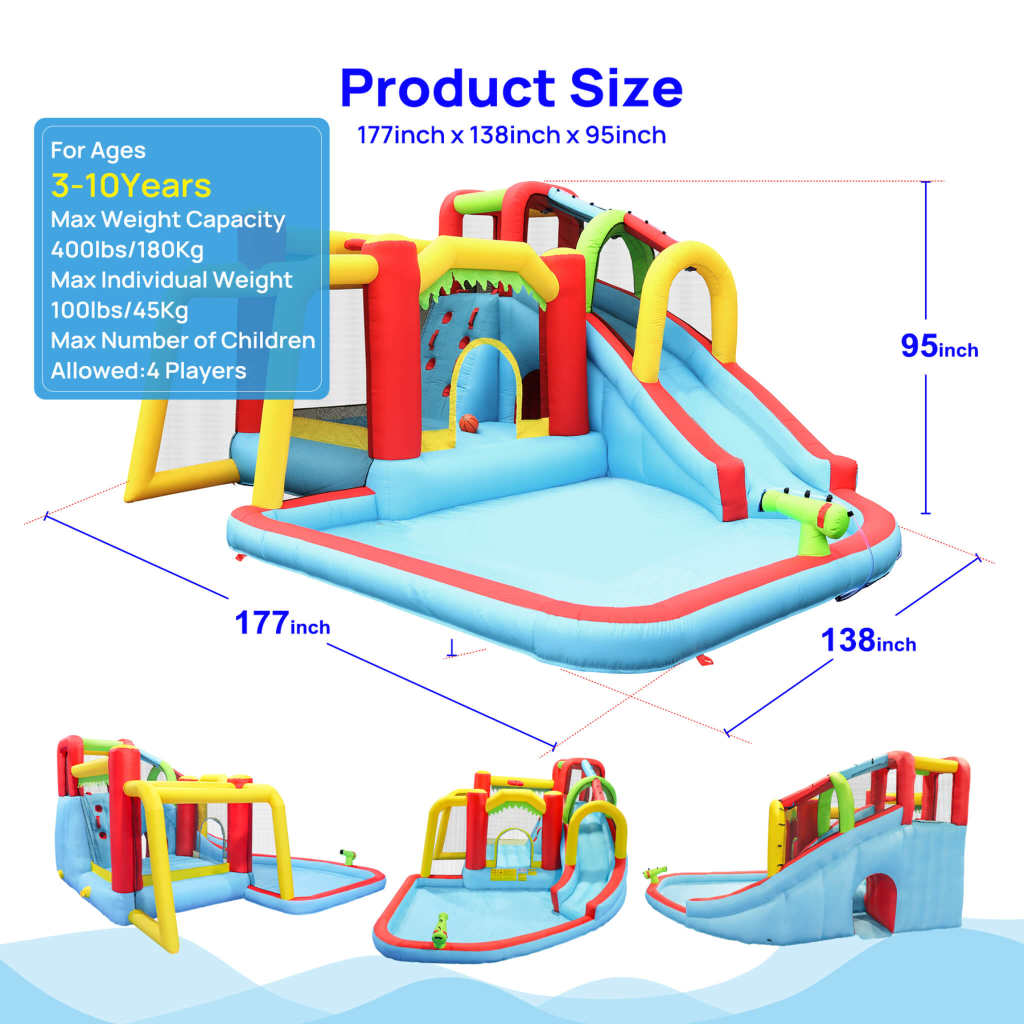 Large 7-In-1 Inflatable Water Slide Bouncer Pool With Climbing Wall