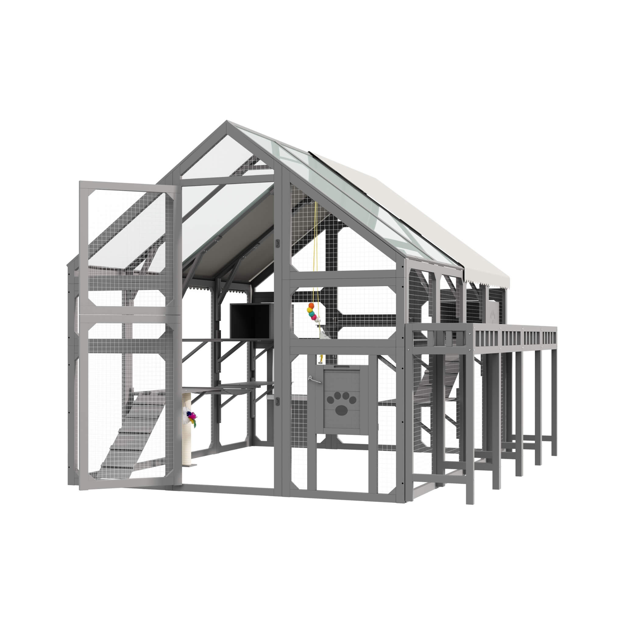 Large 94-Inch Outdoor Wooden Cat House With Planter & Walk-In Catio