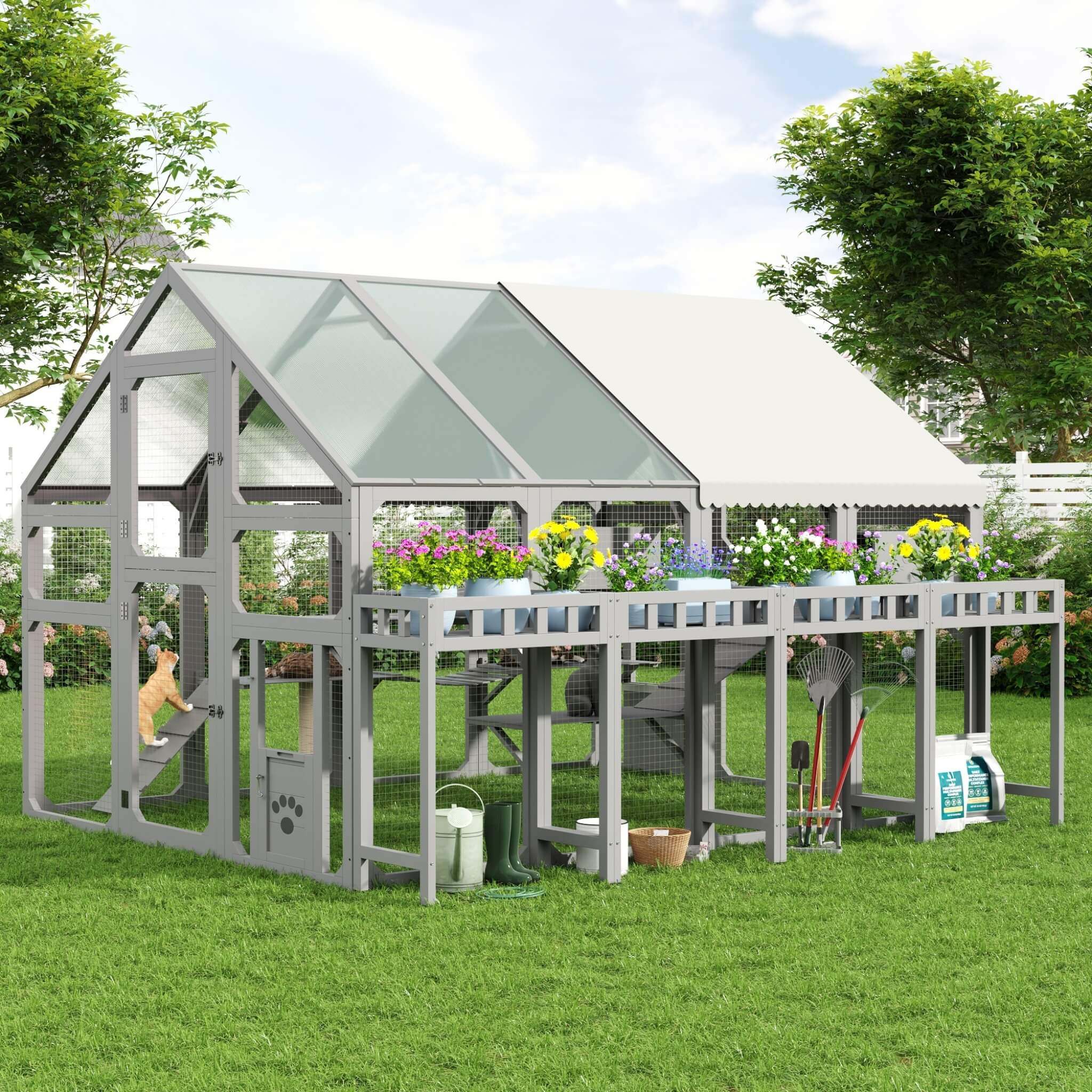 Large 94-Inch Outdoor Wooden Cat House With Planter & Walk-In Catio