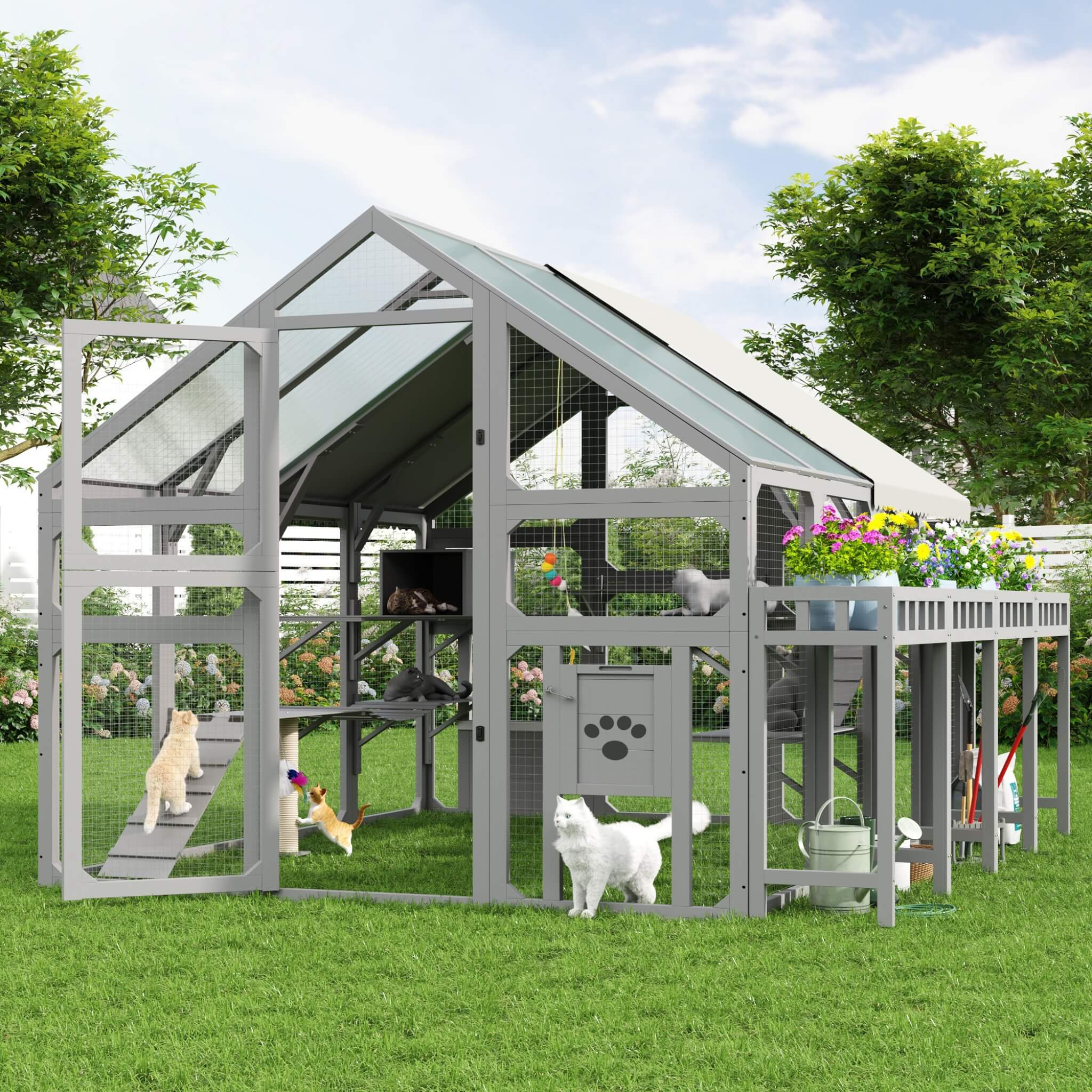 Large 94-Inch Outdoor Wooden Cat House With Planter & Walk-In Catio