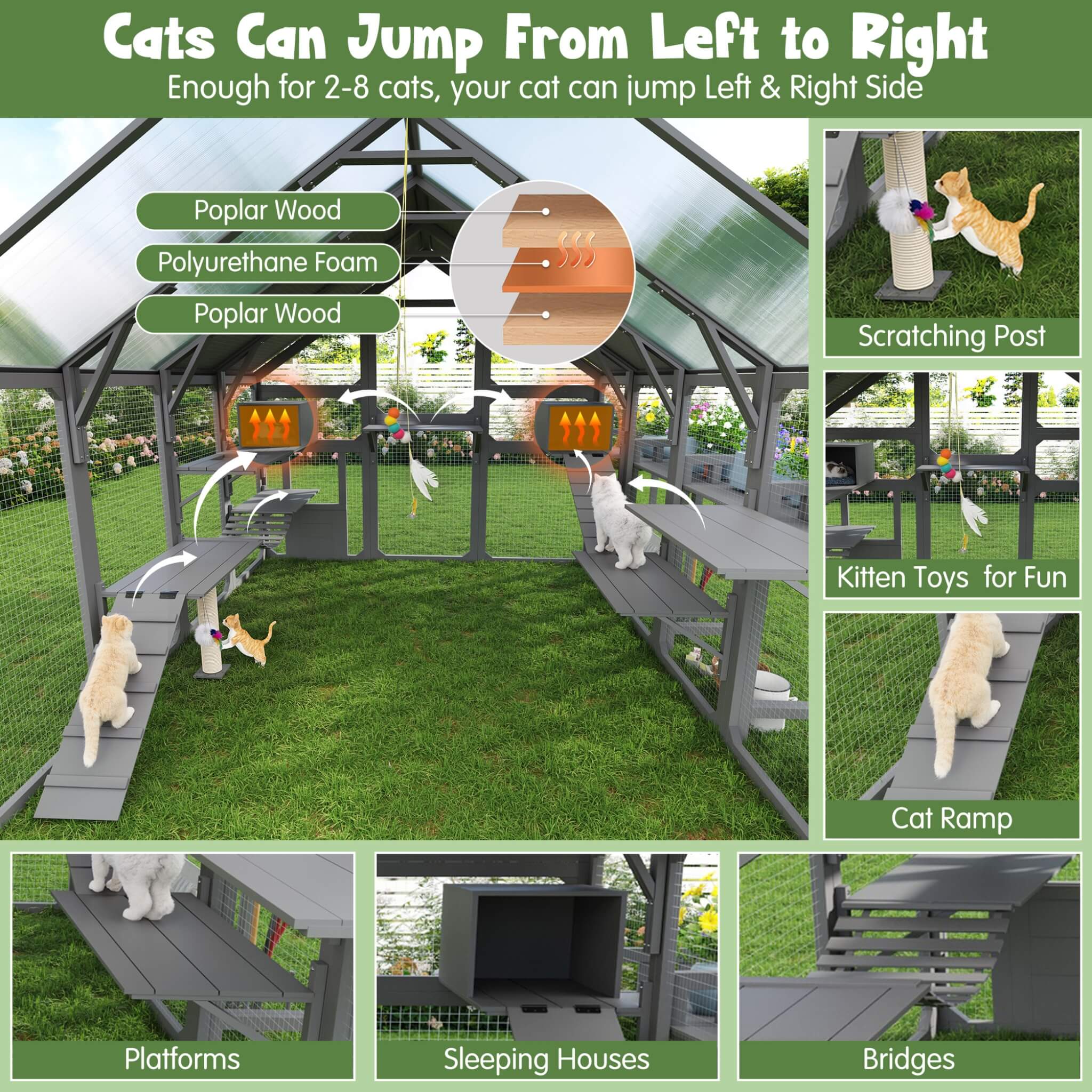 Large 94-Inch Outdoor Wooden Cat House With Planter & Walk-In Catio
