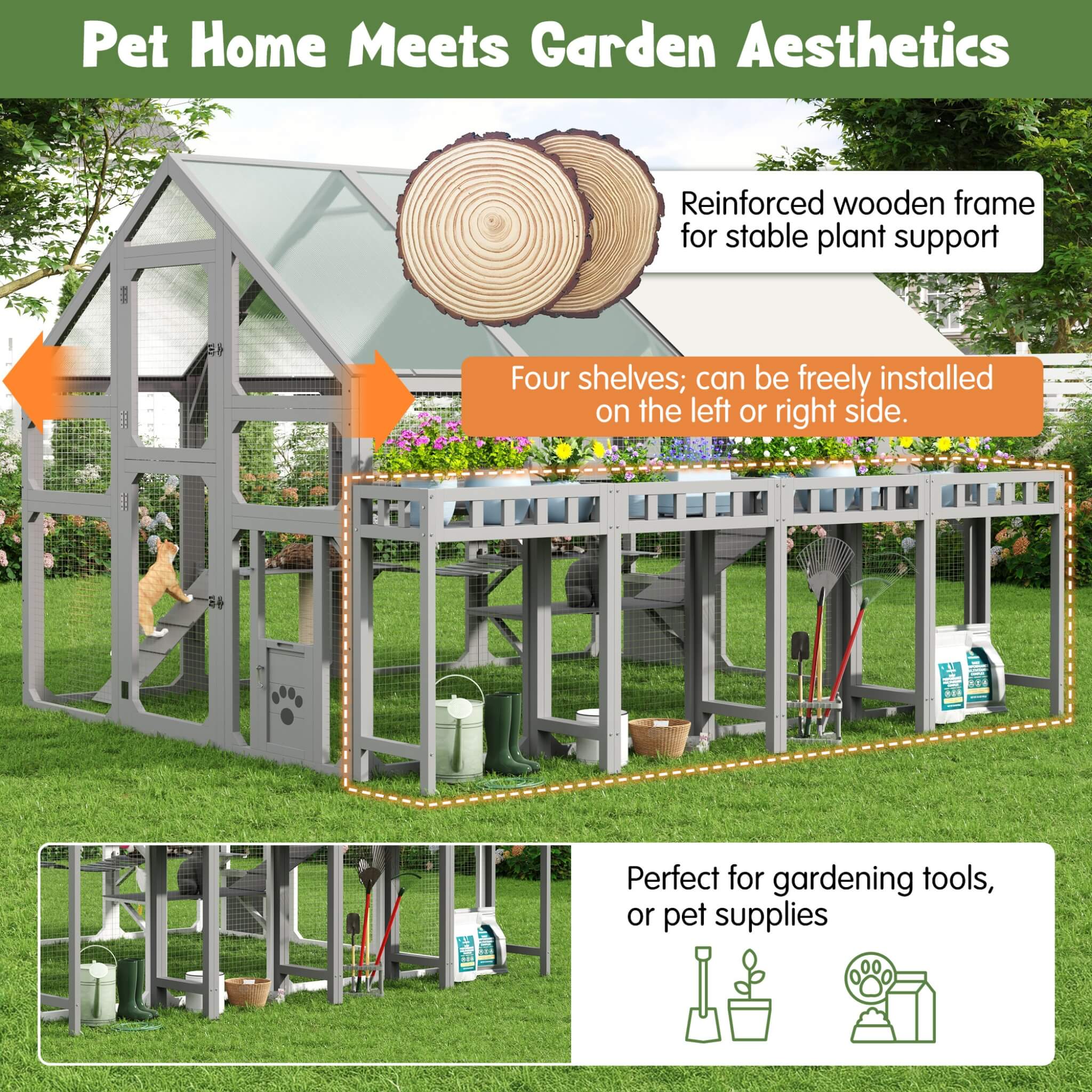 Large 94-Inch Outdoor Wooden Cat House With Planter & Walk-In Catio