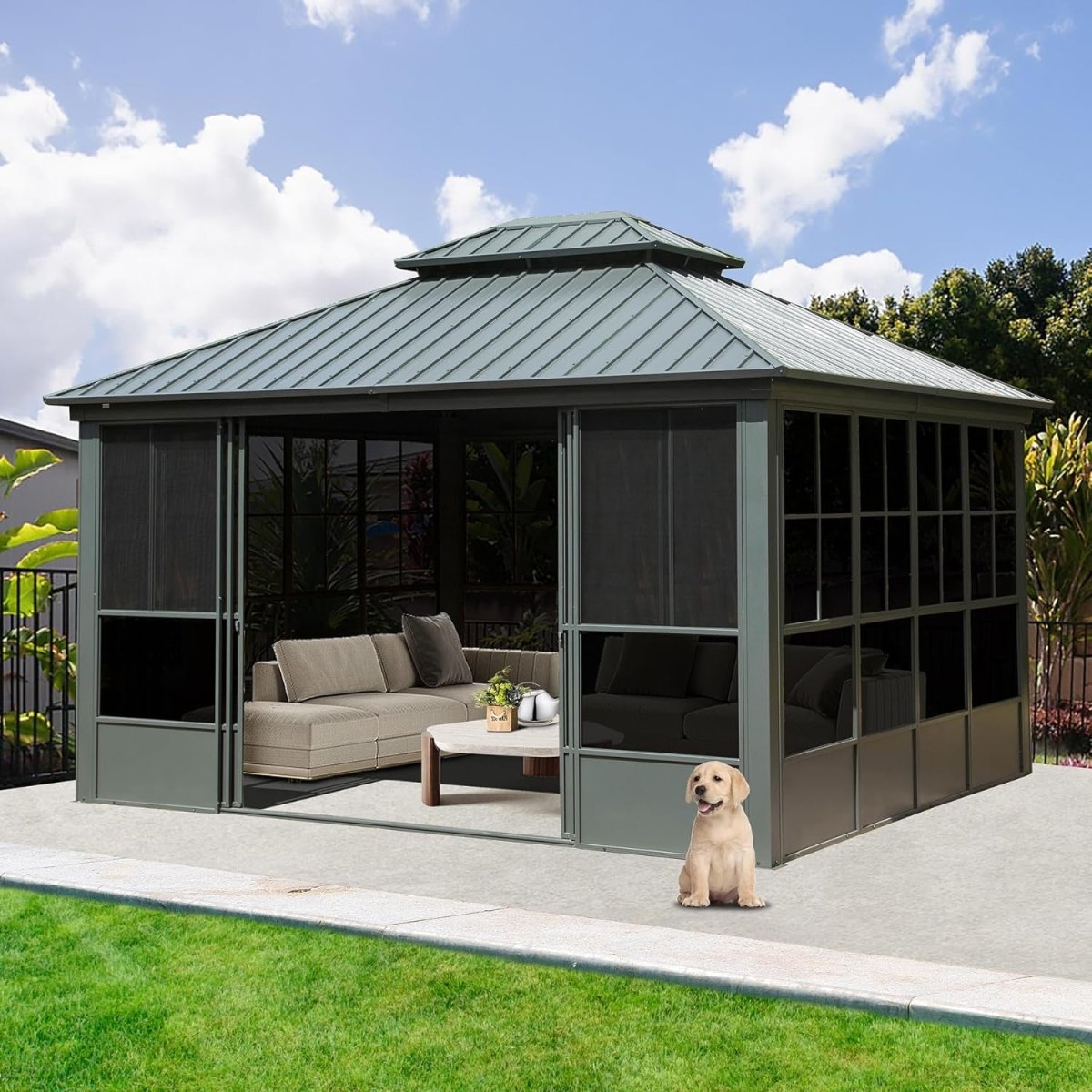 [12X14FT] Alora Veranda Large Heavy-Duty All-Season Steel Top Aluminum Double Roof Backyard Sunroom (SAK97284)