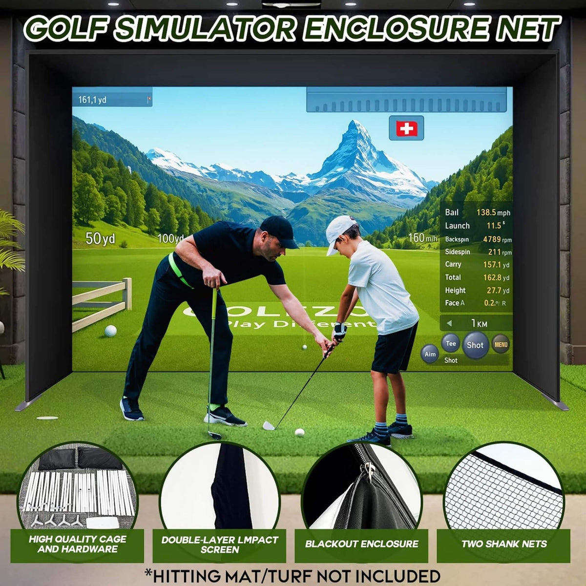 Large Premium Indoor Golf Simulator Enclosure Net With Frame And HD Screen Kit