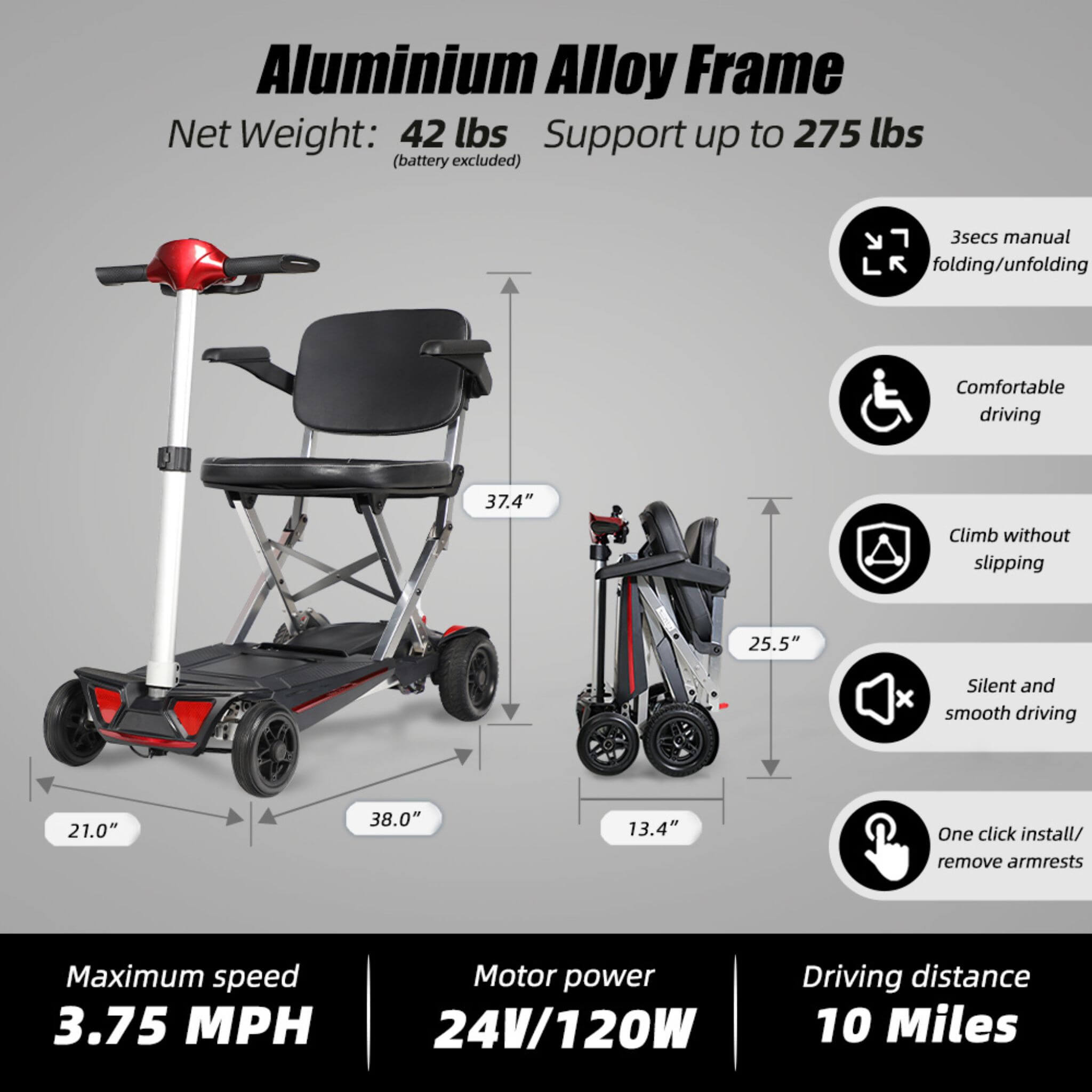 Lightweight Powered Folding Mobility Scooter For Adults And Seniors