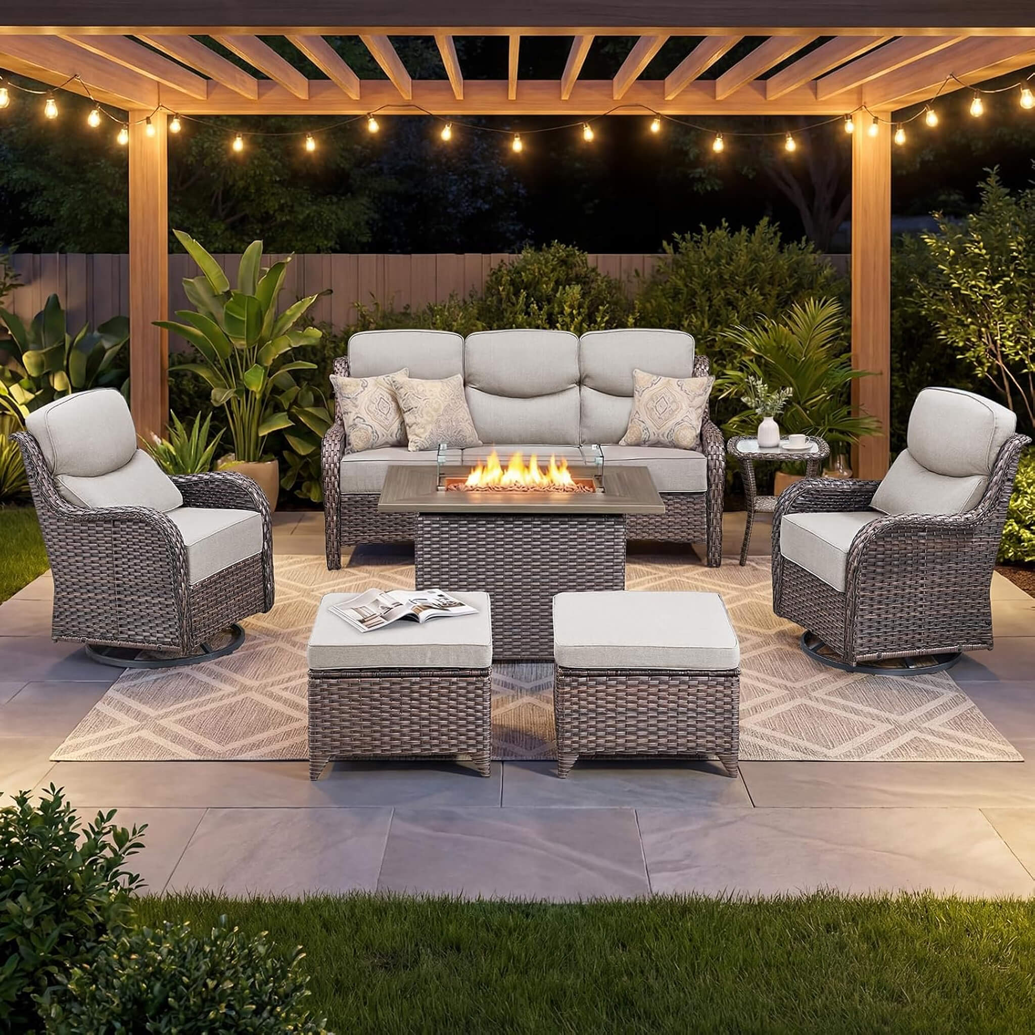 Alora Luxury 7-Piece Outdoor Patio Furniture Set With Fire Pit Table