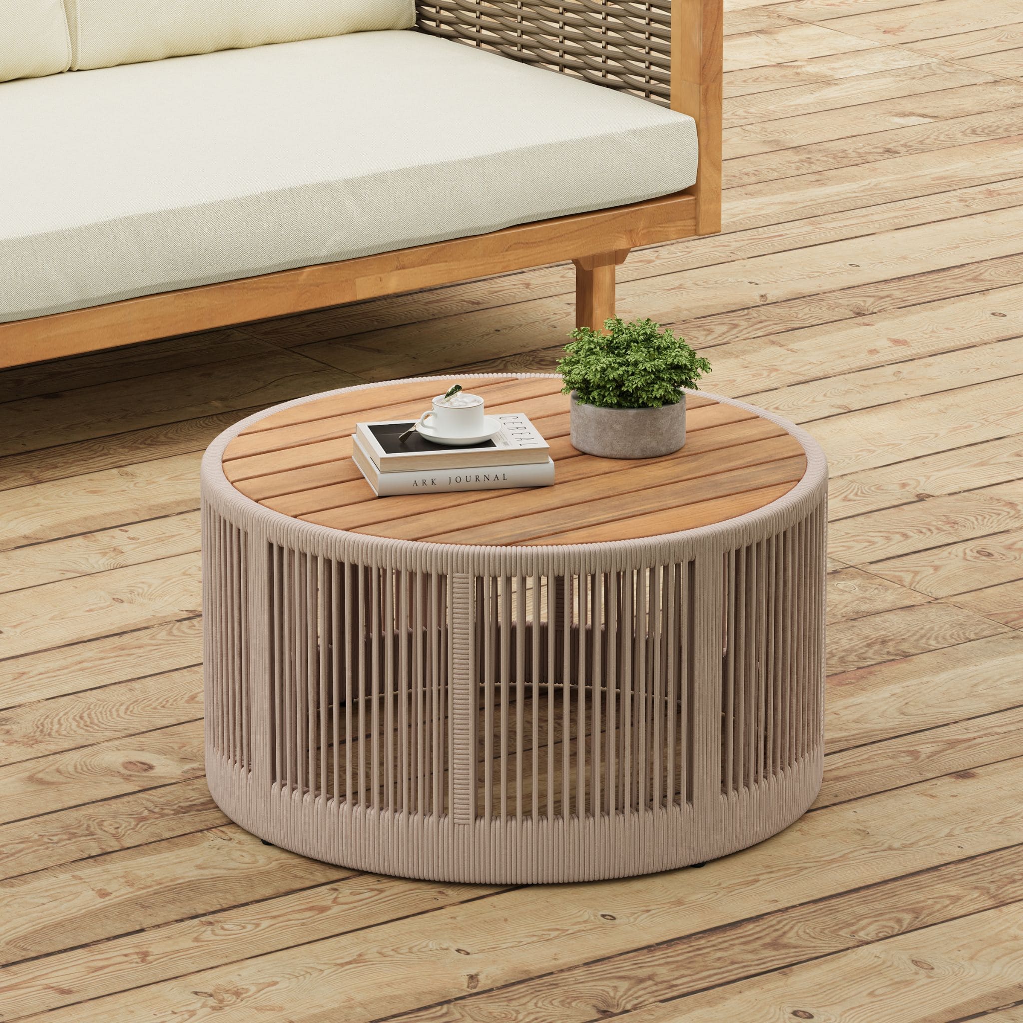 Modern Rustic Coffee Table & Side Table With Woven Rope Design (SAK56739)