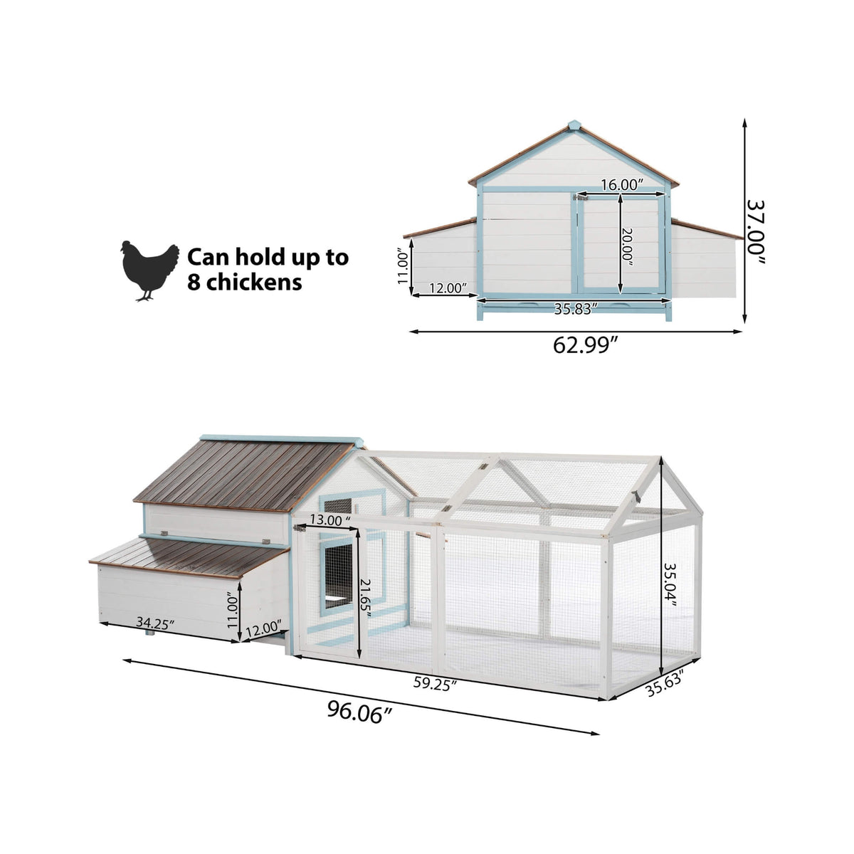 96-Inch Outdoor Fir Wood Chicken Coop With Nesting Box And Run