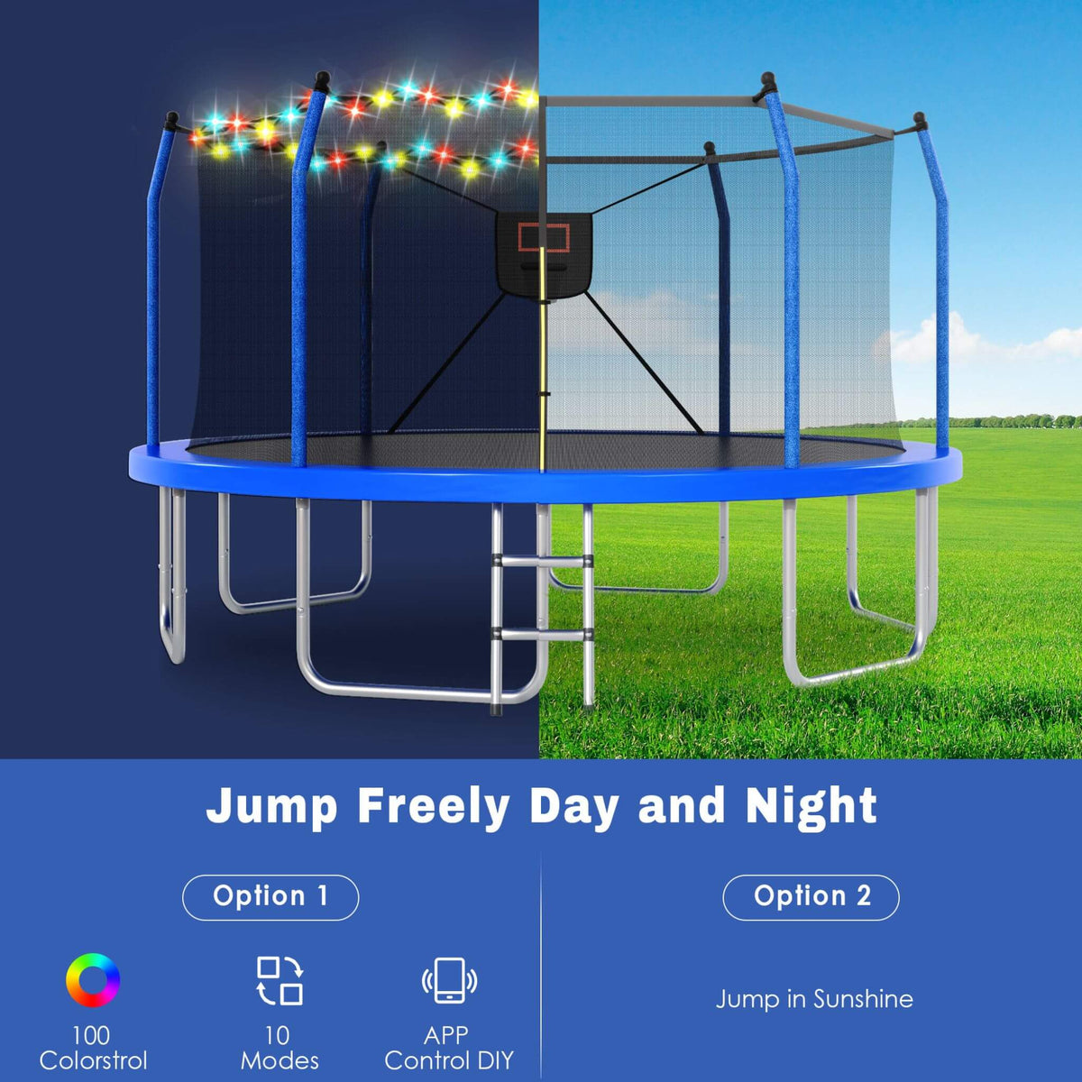 Outdoor Trampoline With LED Lights And Basketball Hoop