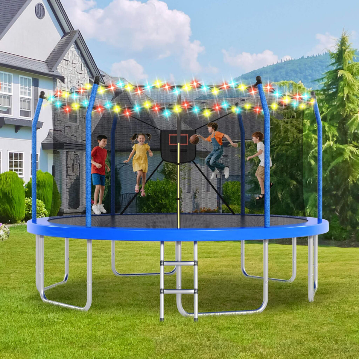 Outdoor Trampoline With LED Lights And Basketball Hoop