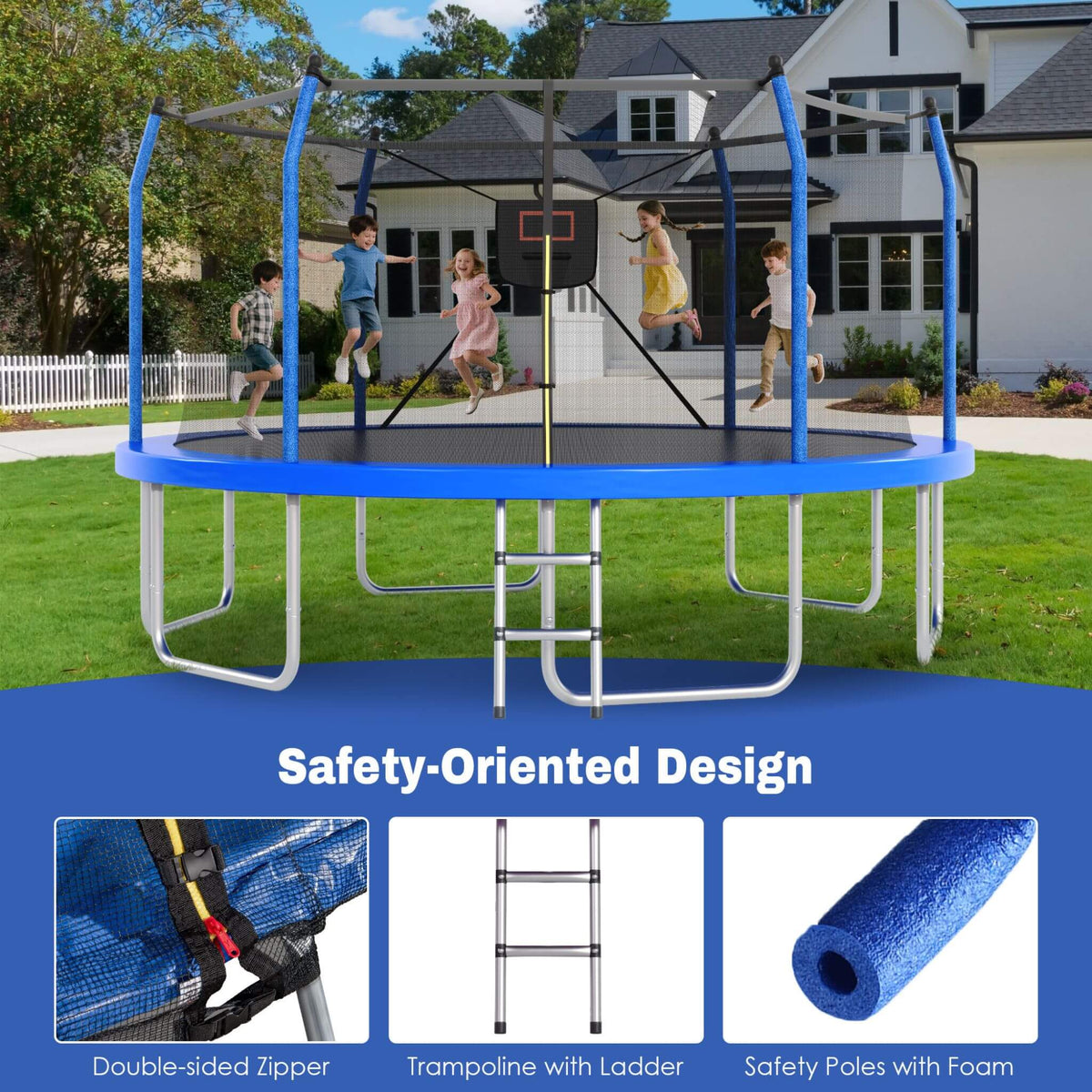 Outdoor Trampoline With LED Lights And Basketball Hoop