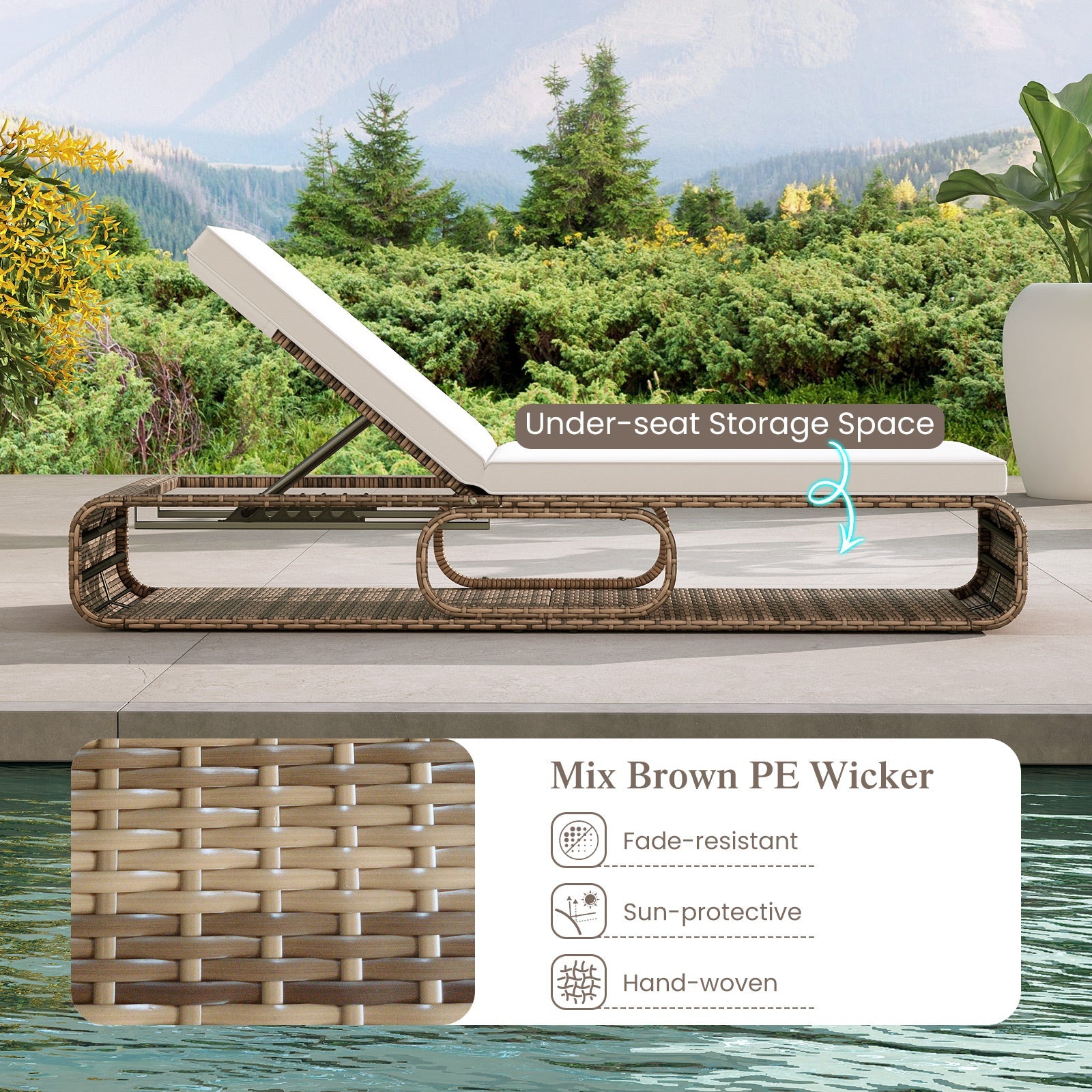 7-Position Adjustable PE Rattan Outdoor Chaise Lounge Chair-White