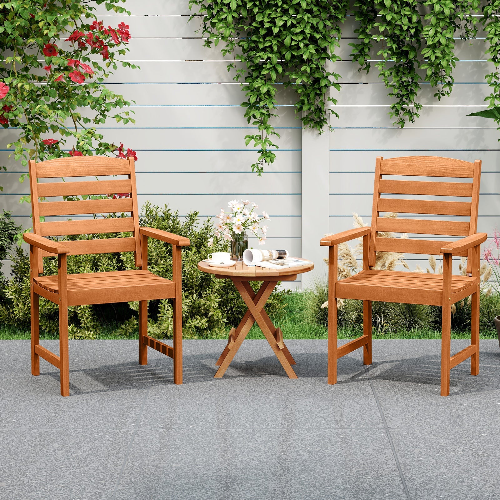 Outdoor Wooden Dining Chairs with Inclined Backrests and Slatted Seats