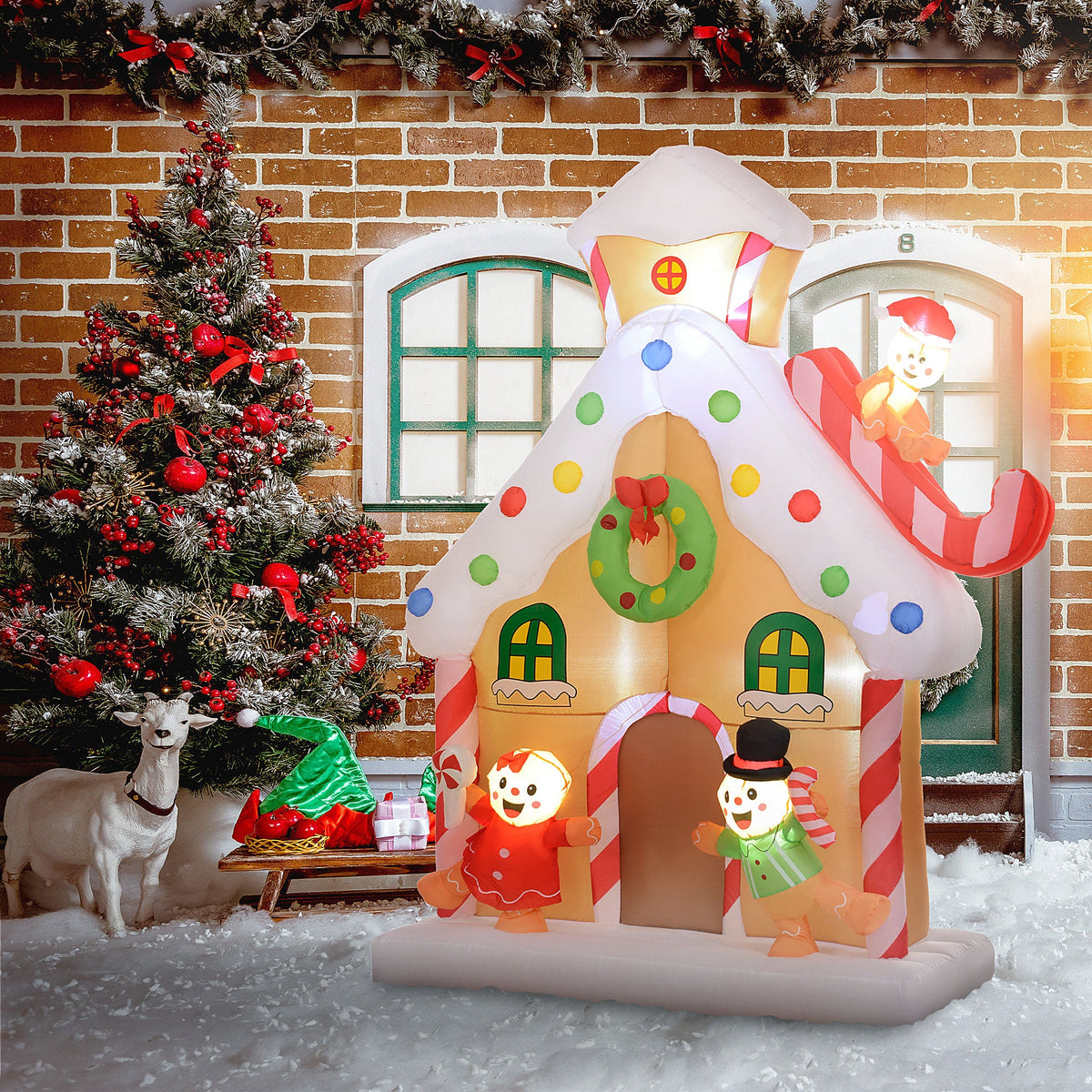 Outsunny 7FT Christmas Inflatable Gingerbread House, Giant Christmas Inflatables, Huge Blow Up Christmas Decorations with Built-in LED Lights for Indoor, Outdoor, Yard, Party