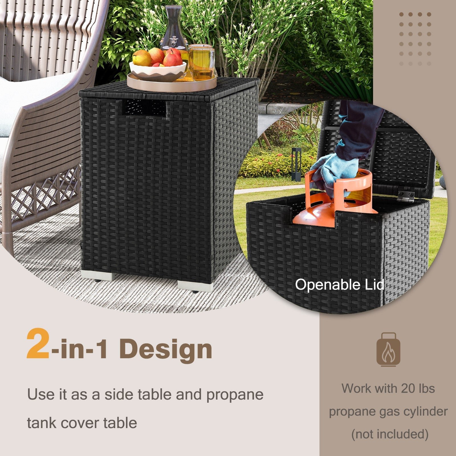 2-in-1 Patio Rattan Gas Propane Tank Cover for 20 lbs Propane Tanks-Black