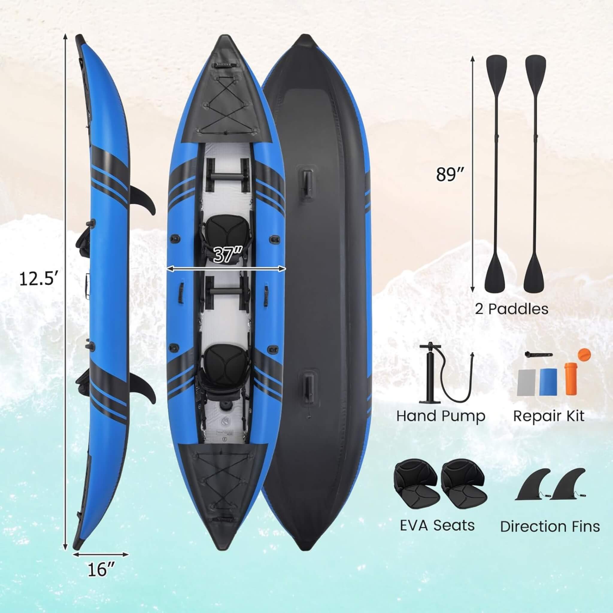 Premium 12FT 2-Person Inflatable Tandem Kayak Kit With Pump And Paddles