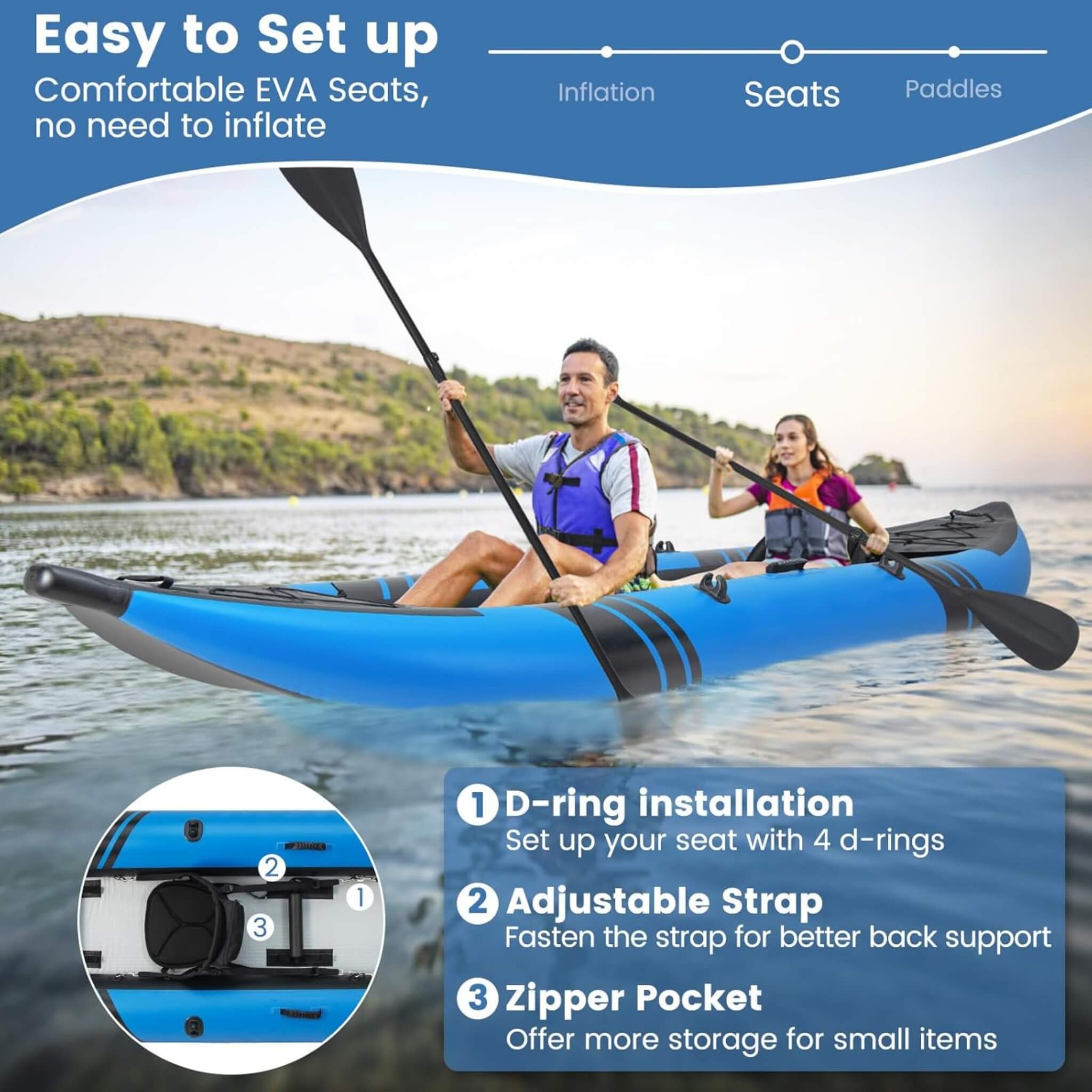 Premium 12FT 2-Person Inflatable Tandem Kayak Kit With Pump And Paddles