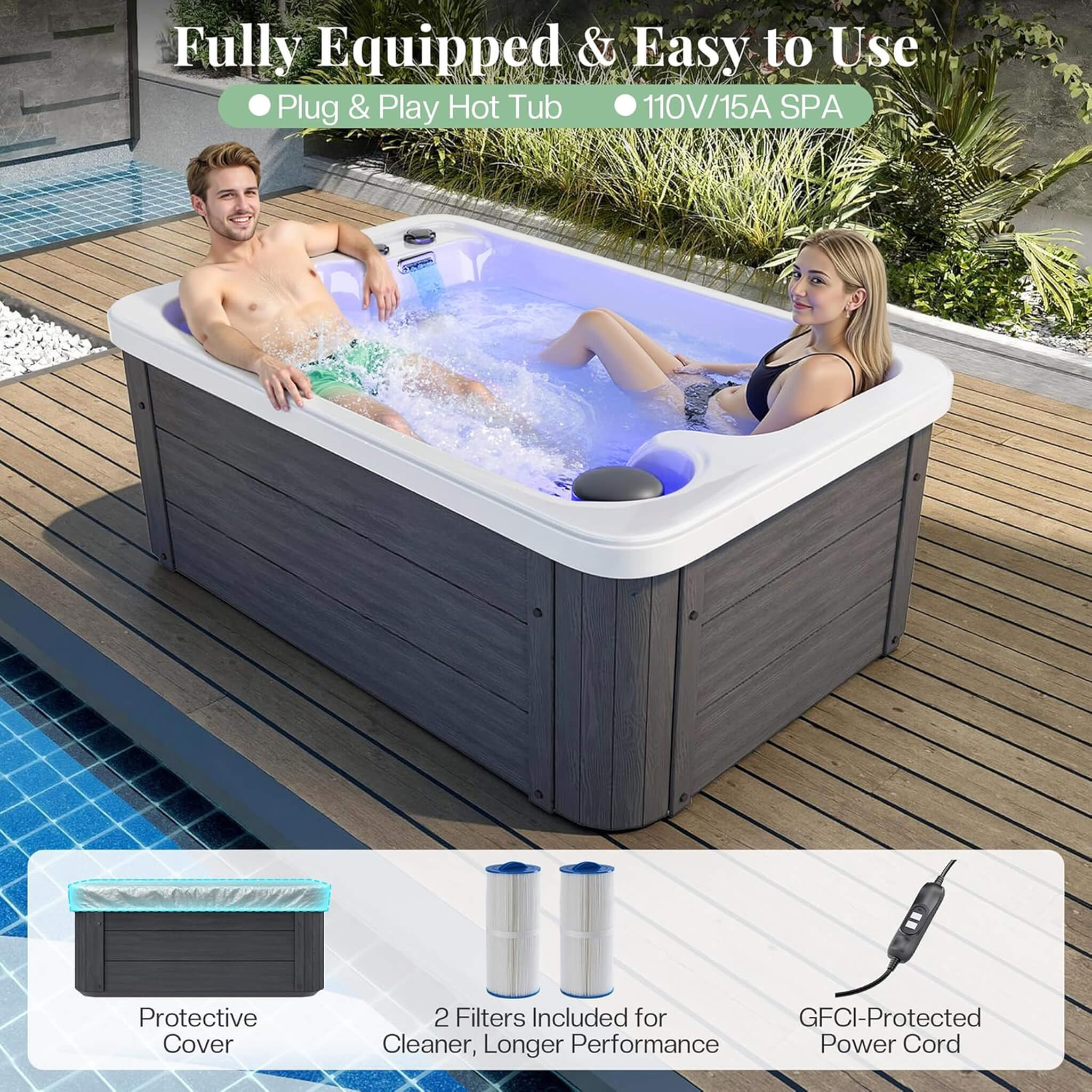 Nuvia Premium 2-Person Outdoor Hot Tub W/ 15 Stainless Steel Jets