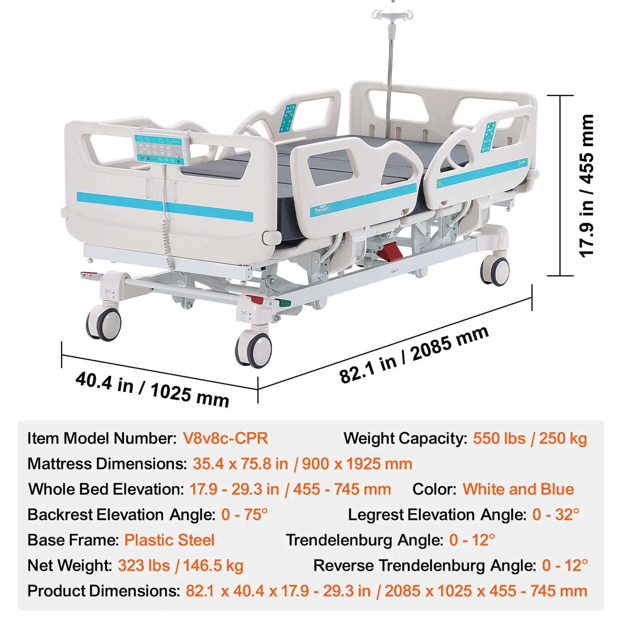 Premium 5-Function Electric Adjustable Medical Hospital Bed With Cardiac Position, 550LBS