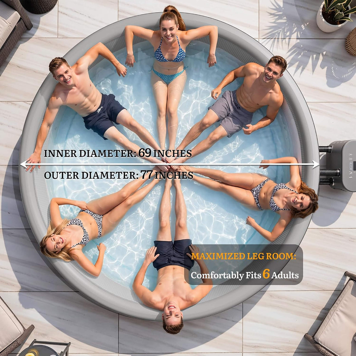 Premium 77-Inch Inflatable 6-Person Drop-Stitch Hot Tub W/ 180 Massage Jets