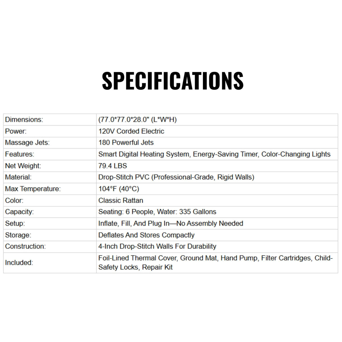 Premium 77-Inch Inflatable 6-Person Drop-Stitch Hot Tub W/ 180 Massage Jets
