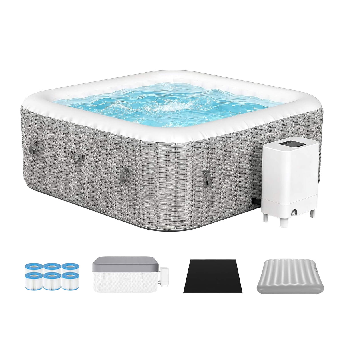 Premium 73-Inch Portable 6-Person Inflatable Square Hot Tub W/ 130 Massage Jets And 6 Filter Cartridges