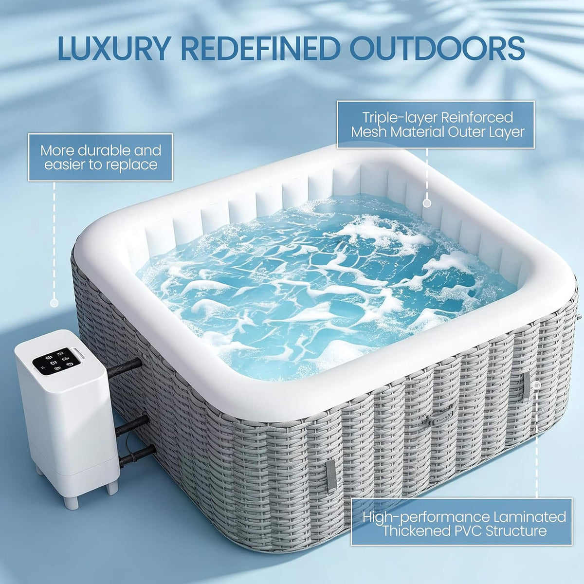 Premium 73-Inch Portable 6-Person Inflatable Square Hot Tub W/ 130 Massage Jets And 6 Filter Cartridges