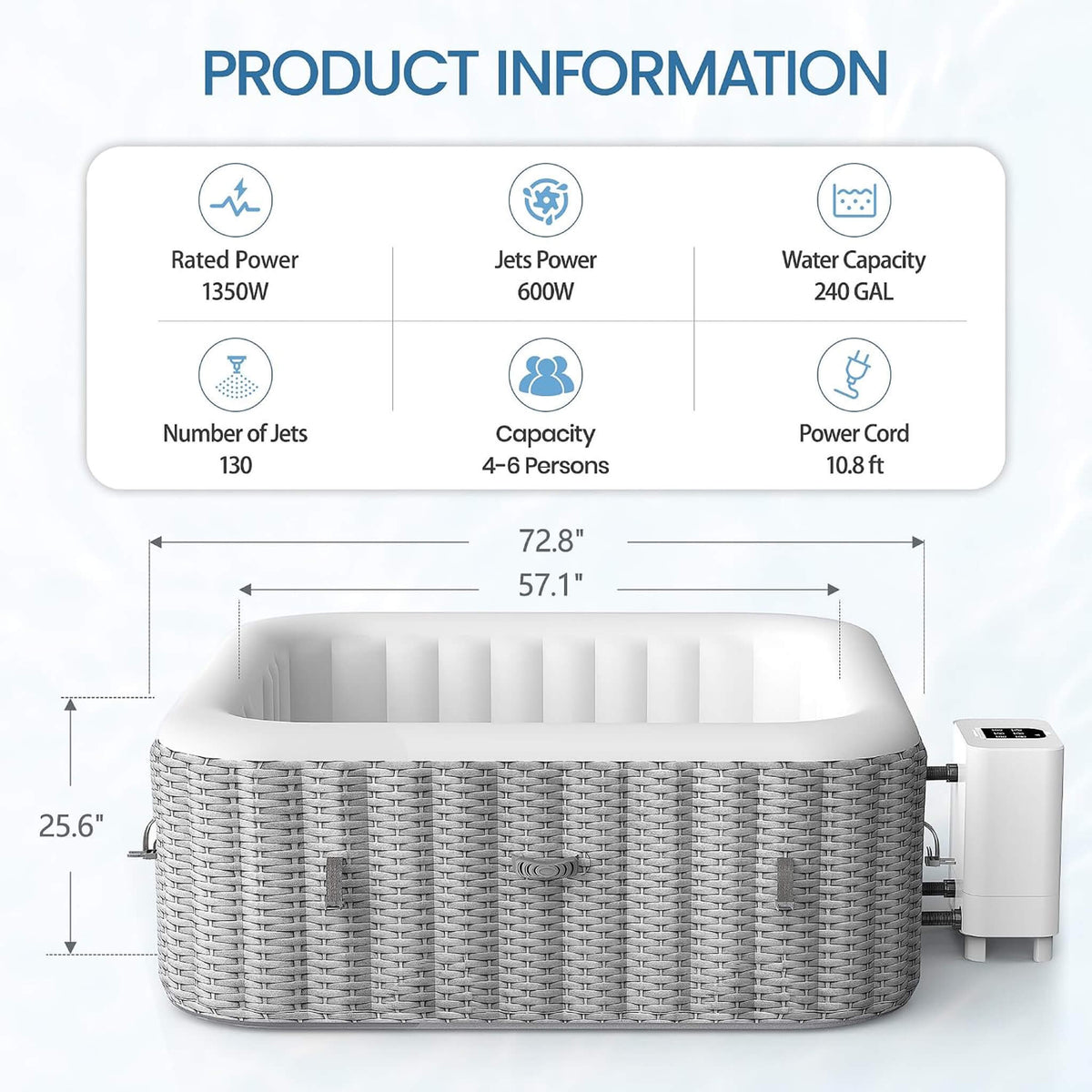 Premium 73-Inch Portable 6-Person Inflatable Square Hot Tub W/ 130 Massage Jets And 6 Filter Cartridges