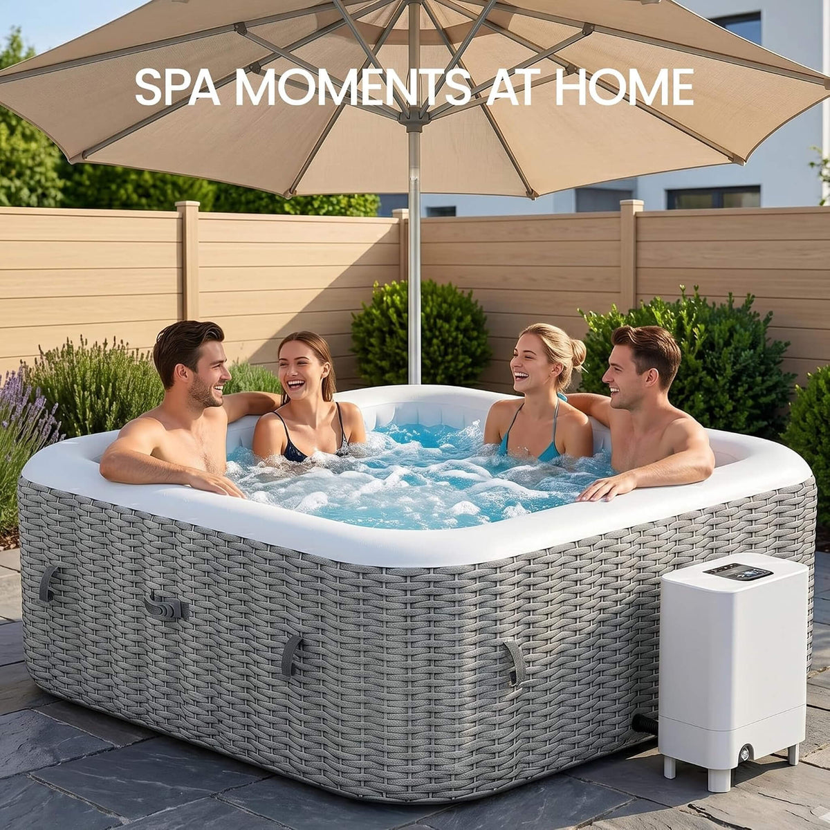 Premium 73-Inch Portable 6-Person Inflatable Square Hot Tub W/ 130 Massage Jets And 6 Filter Cartridges