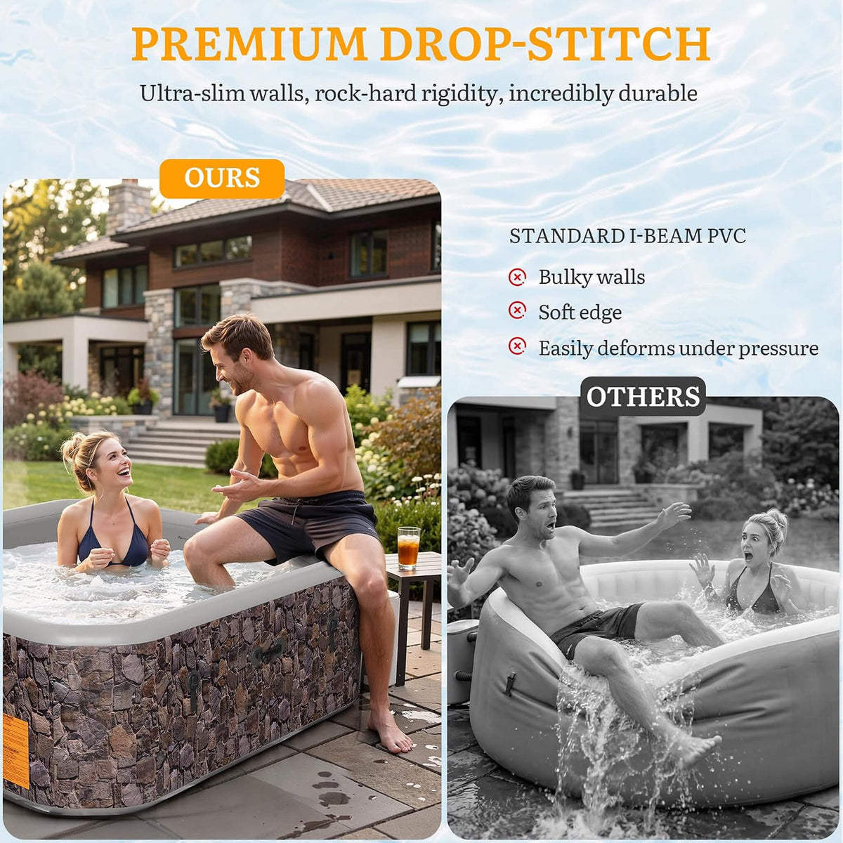 Premium 77-Inch Portable 6-Person Natural Stone Design Inflatable Square Hot Tub W/ 180 Massage Jets
