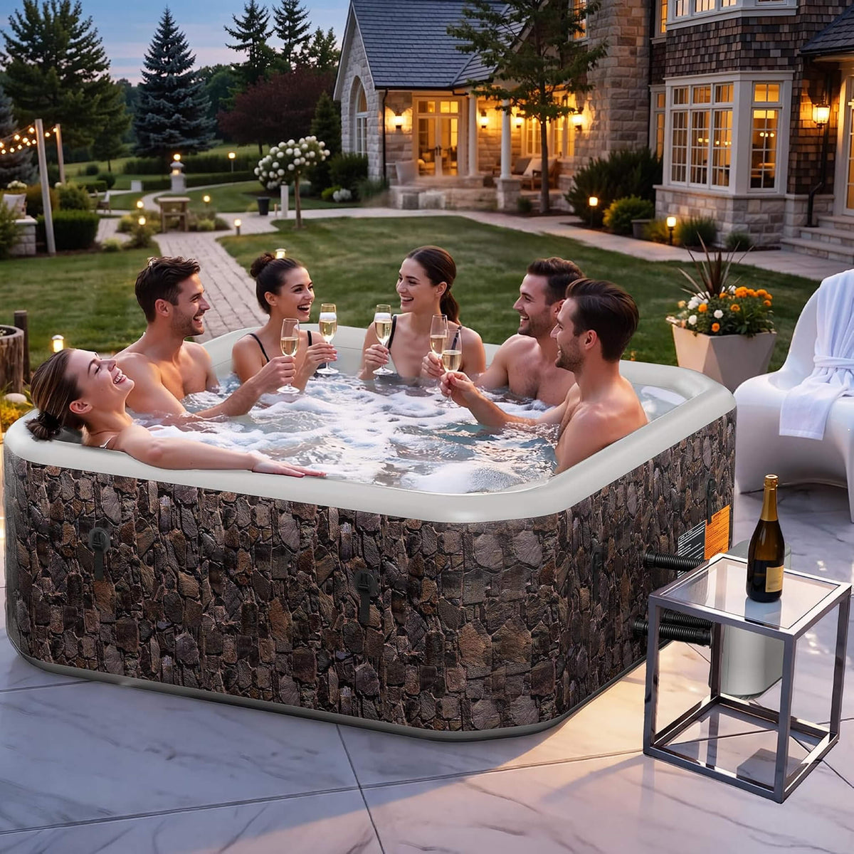 Premium 77-Inch Portable 6-Person Natural Stone Design Inflatable Square Hot Tub W/ 180 Massage Jets
