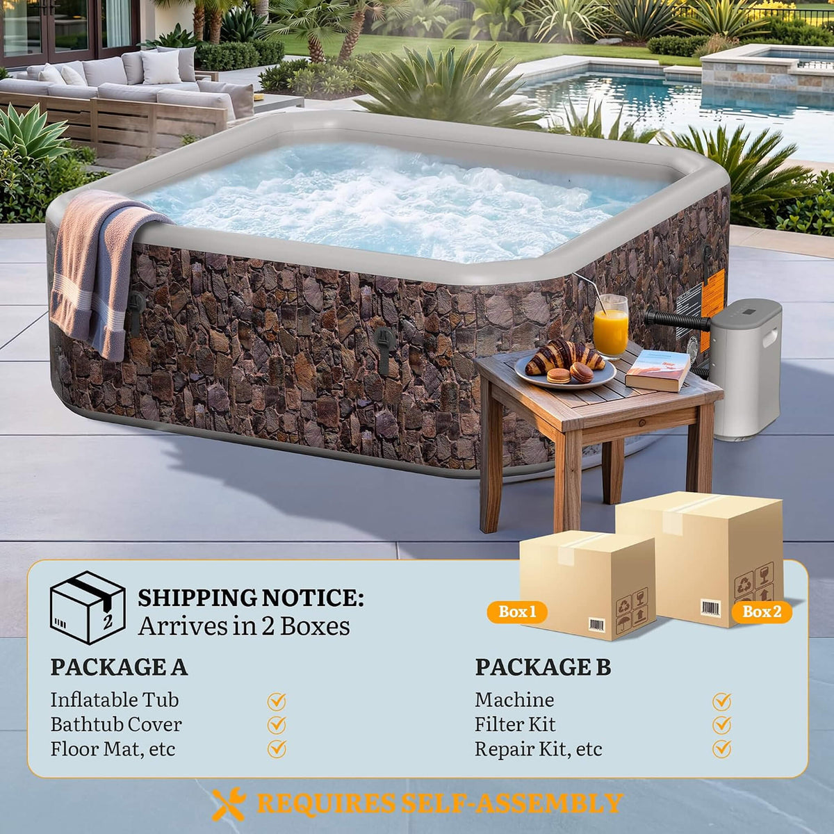 Premium 77-Inch Portable 6-Person Natural Stone Design Inflatable Square Hot Tub W/ 180 Massage Jets