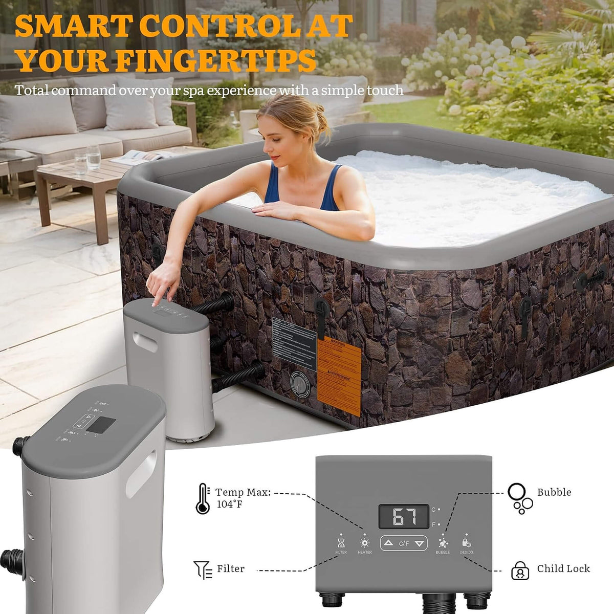 Premium 77-Inch Portable 6-Person Natural Stone Design Inflatable Square Hot Tub W/ 180 Massage Jets