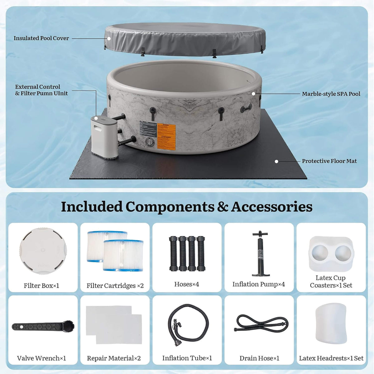 Premium 85-Inch Inflatable 8-Person Drop-Stitch Hot Tub W/ 220 Massage Jets