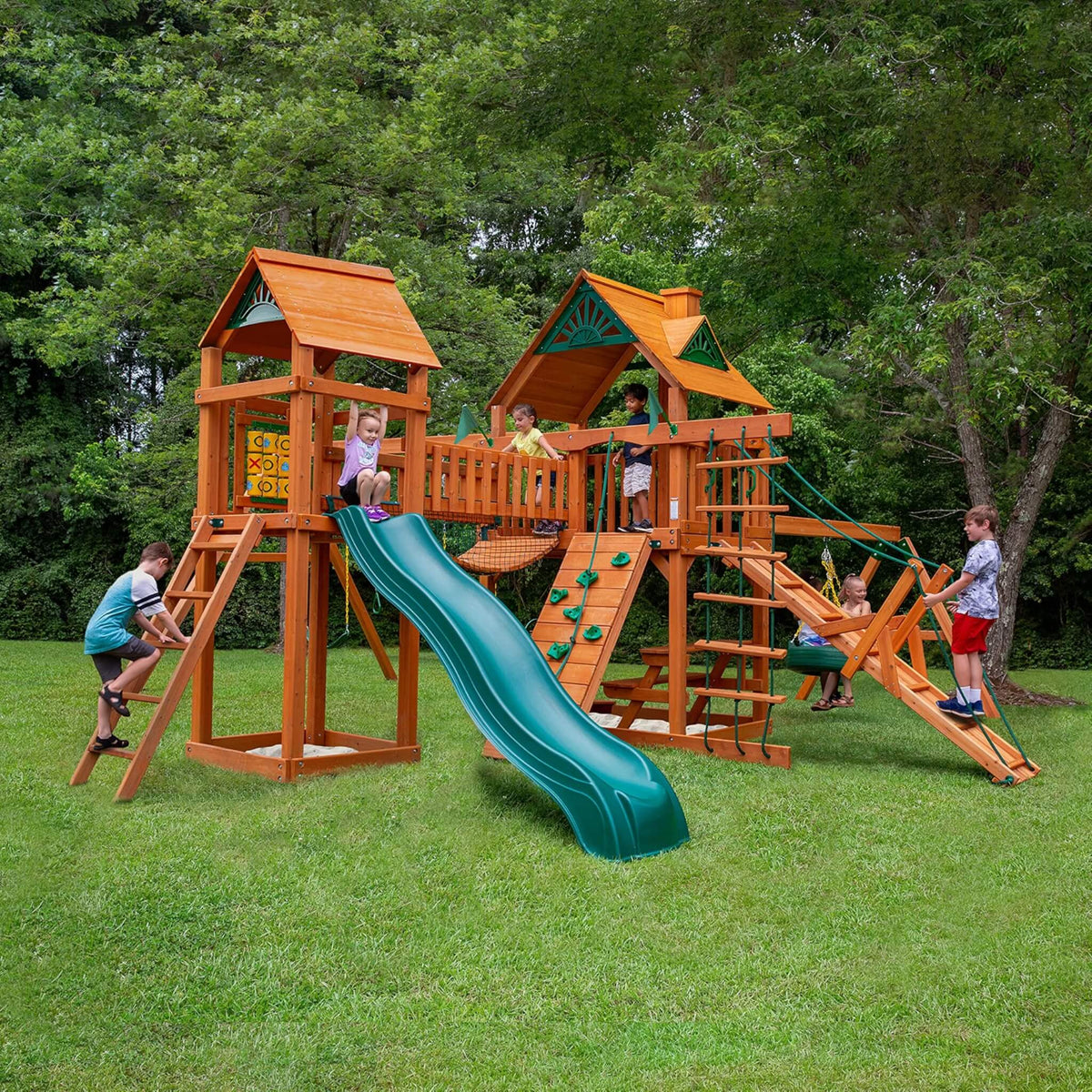 Premium Cedar Wood Swing Set With Tower Tire Swing Slide Ramp And Clatter Bridge