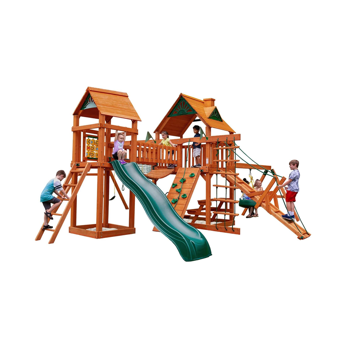 Premium Cedar Wood Swing Set With Tower Tire Swing Slide Ramp And Clatter Bridge