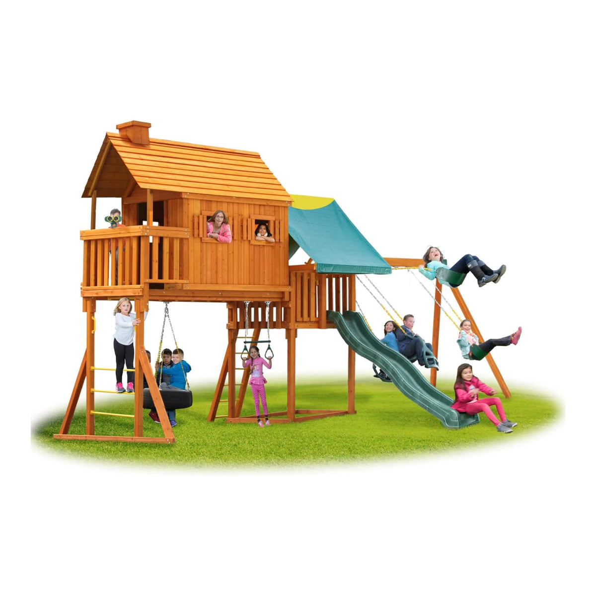 Premium Cedar Wood Tree House Swing Set With Built-In Covered Porch, Chimney, Monkey Bars And Slide