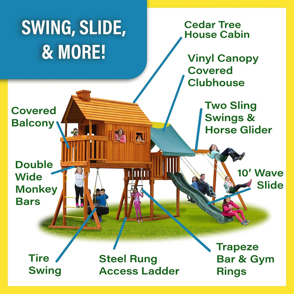 Premium Cedar Wood Tree House Swing Set With Built-In Covered Porch, Chimney, Monkey Bars And Slide