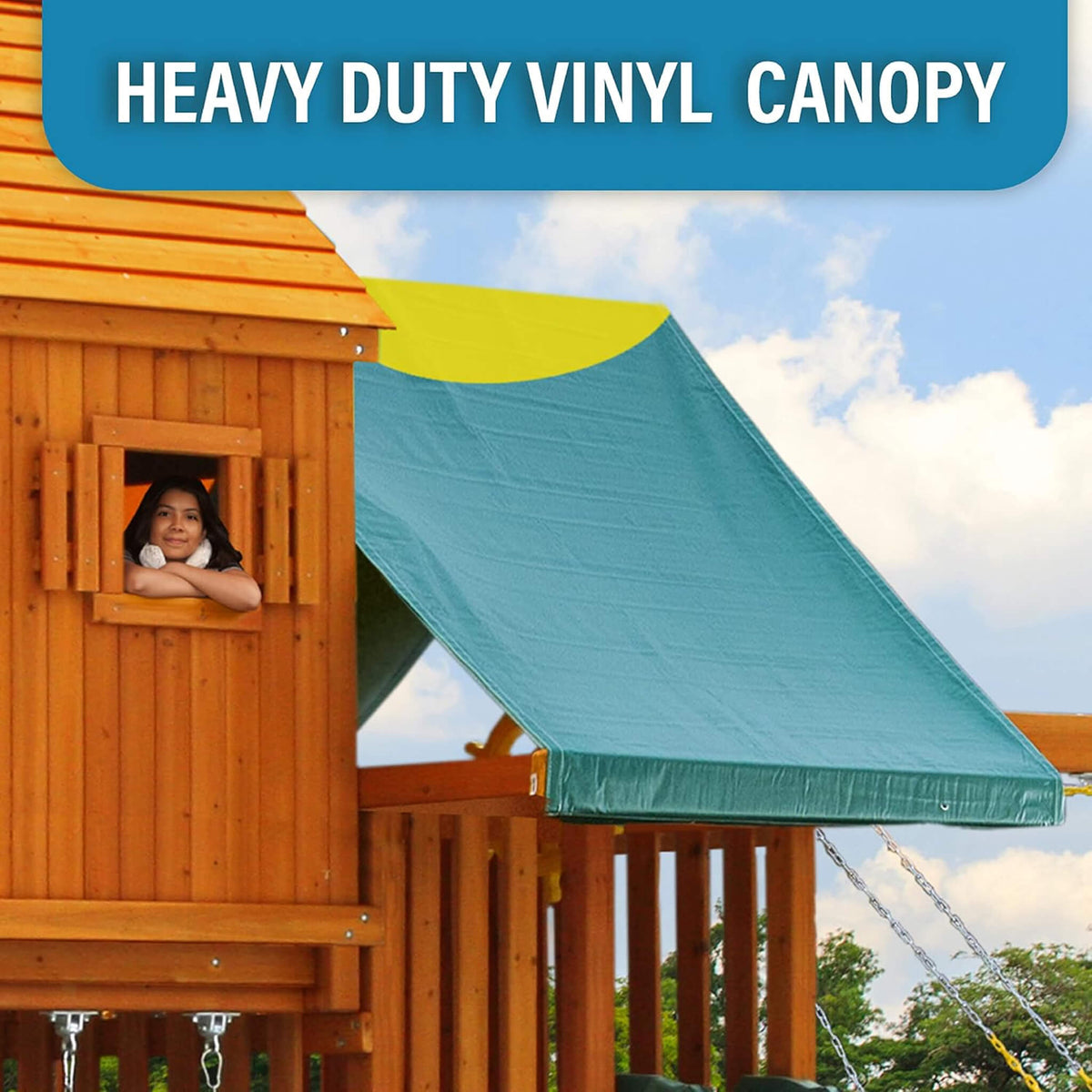 Premium Cedar Wood Tree House Swing Set With Built-In Covered Porch, Chimney, Monkey Bars And Slide