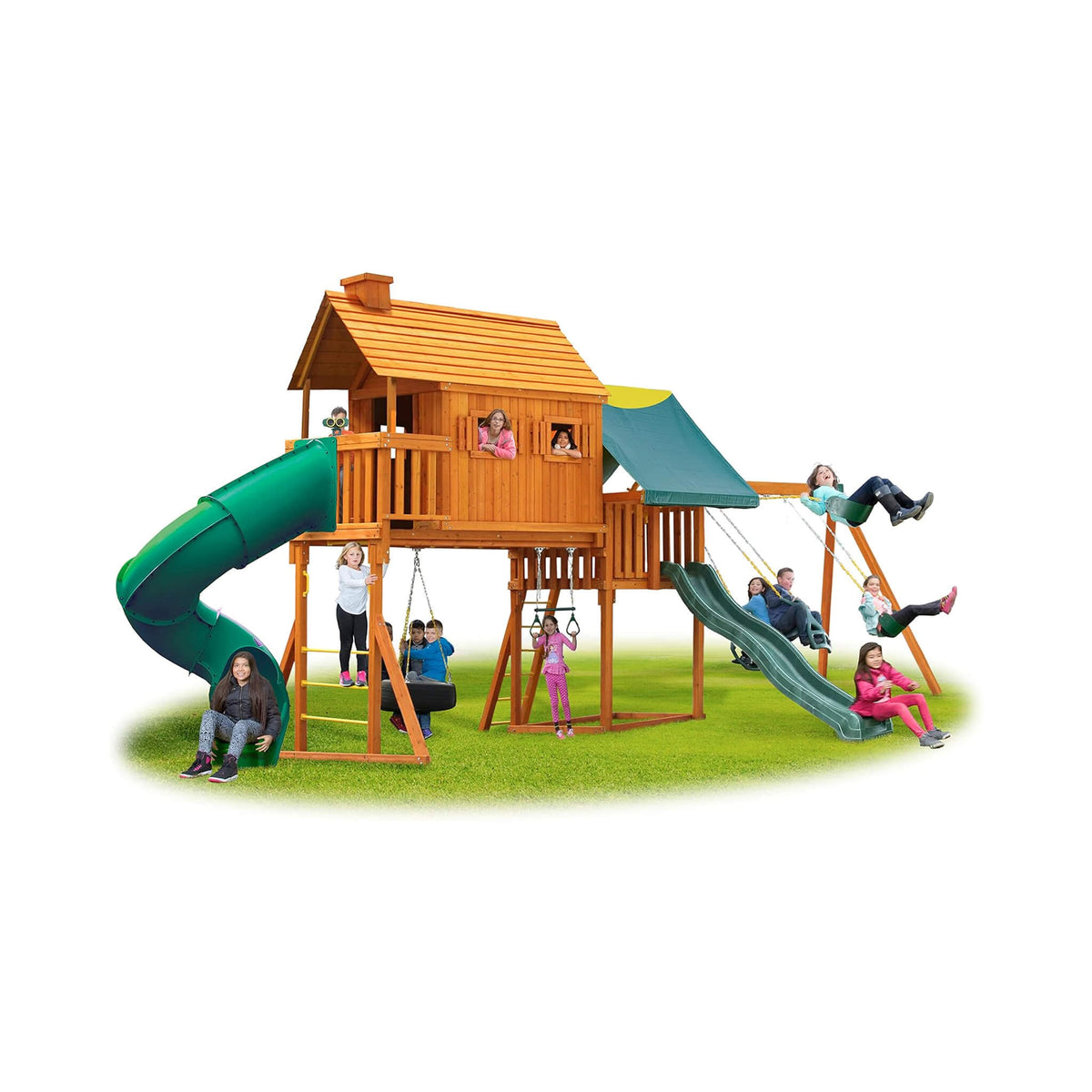 Premium Cedar Wood Tree House Swing Set With Clubhouse, Wave Slide And Spiral Slide